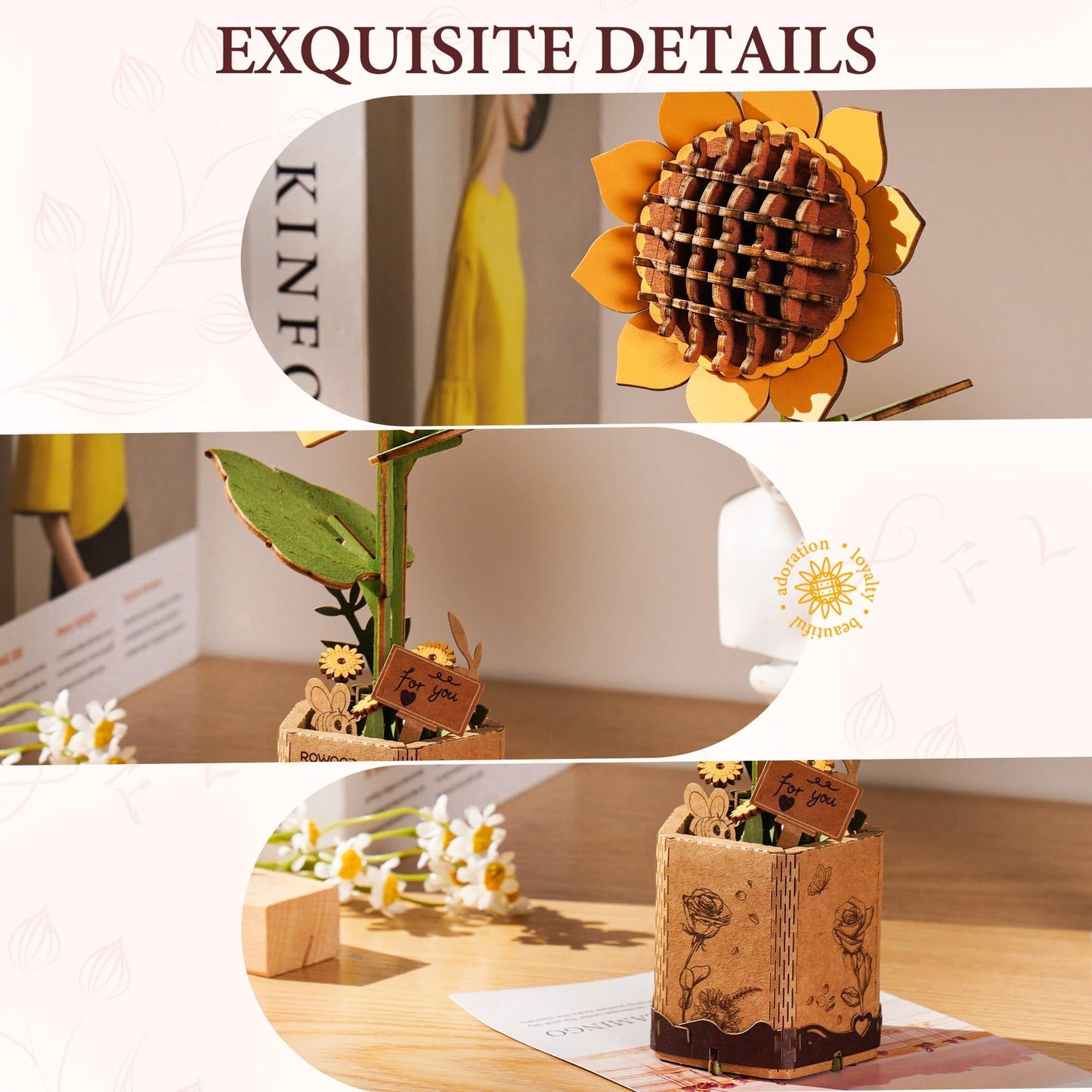 ROBOTIME Sunflower 3D Wooden Puzzle for Adults - DIY Crafts Building Kit, Relaxing Stress Relief Home Decor Art Model, Unique Birthday Gift for Mom, Women, Her