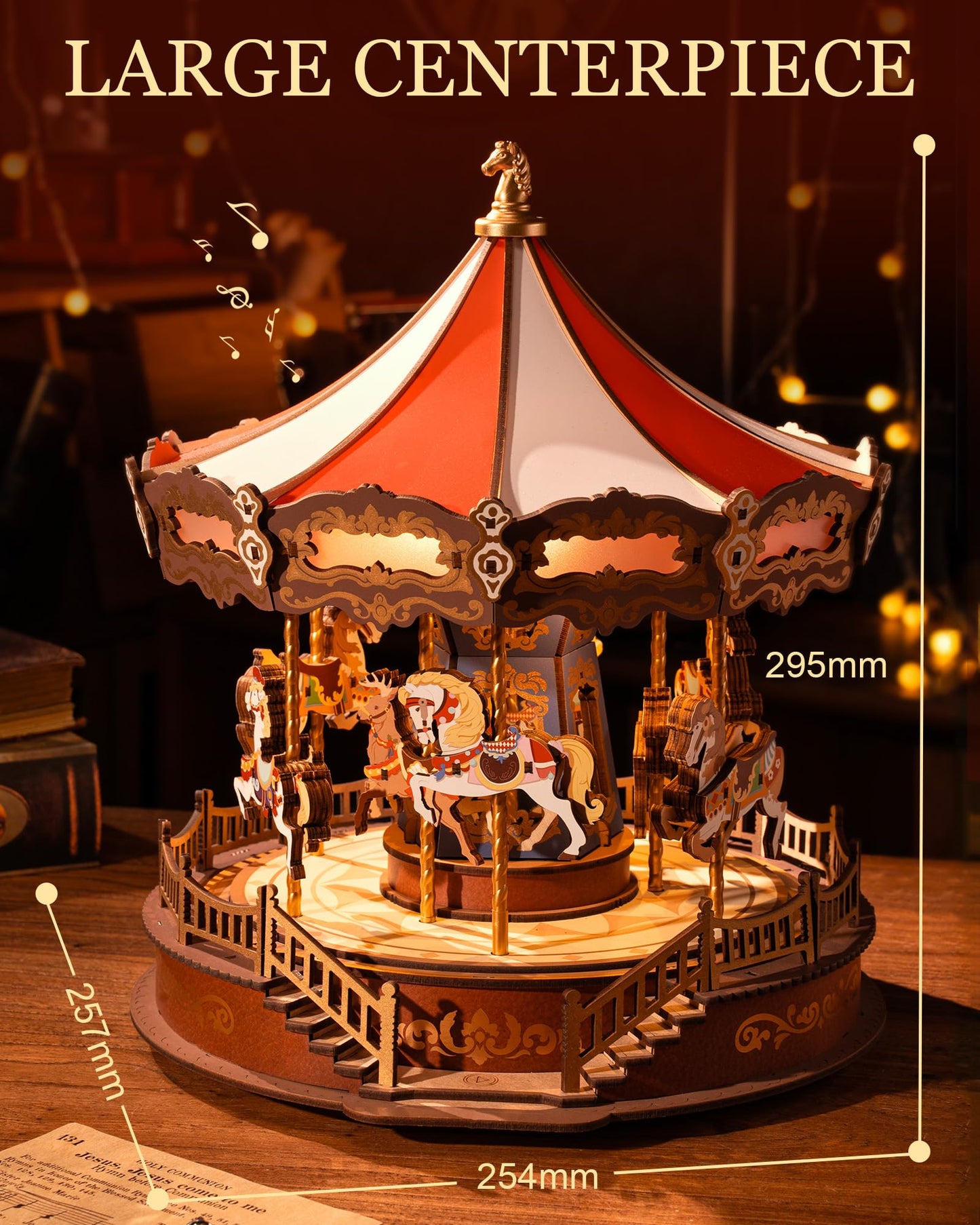 Rolife Wooden 3D Puzzles for Adults, DIY Carousel Music Box with Chaser Lights 11.6" Model Building Kit, Construction Project Craft Kits for Adults Hobby Home Decor Chiristmas Gifts for Boys Girls