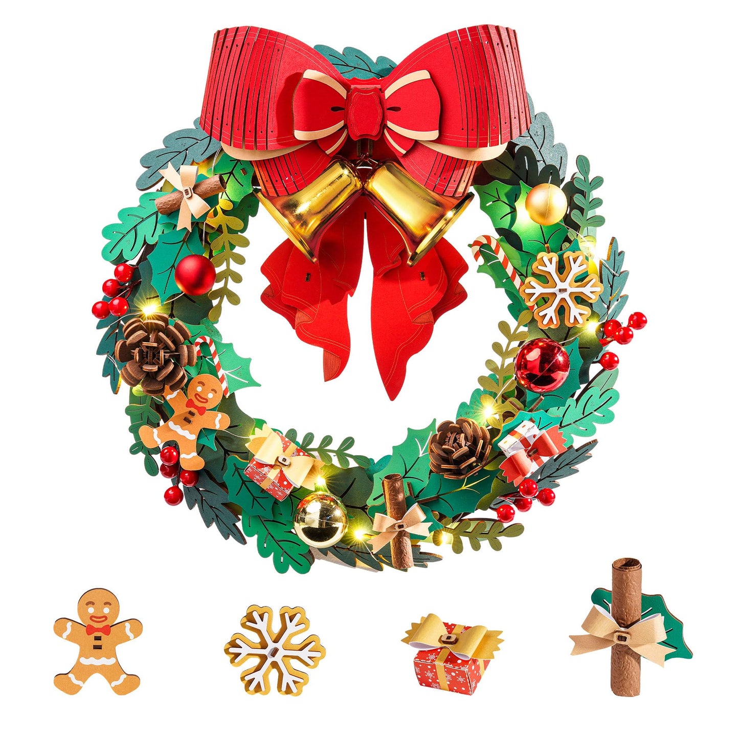 ROBOTIME Christmas Wreath with Red Bow, Pine Cones, Berries & Bells 3D Wooden Puzzles for Adults Creative Gifts for Holiday Window Fireplace Door Decorations