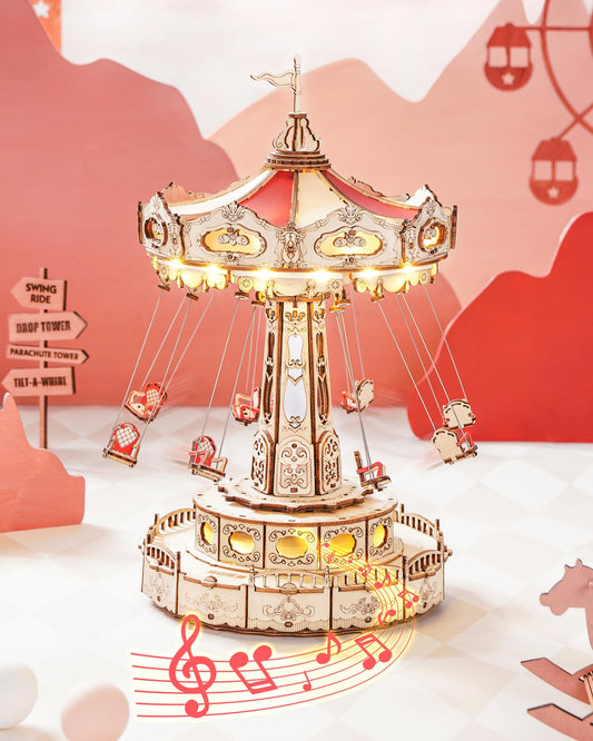 ROKR 3D Puzzles Wooden Music Box Kit with LED, Rotating Swing Ride Mechanical Model Kit DIY Wood Craft Hobbies Kit for Adults Birthday for Adults