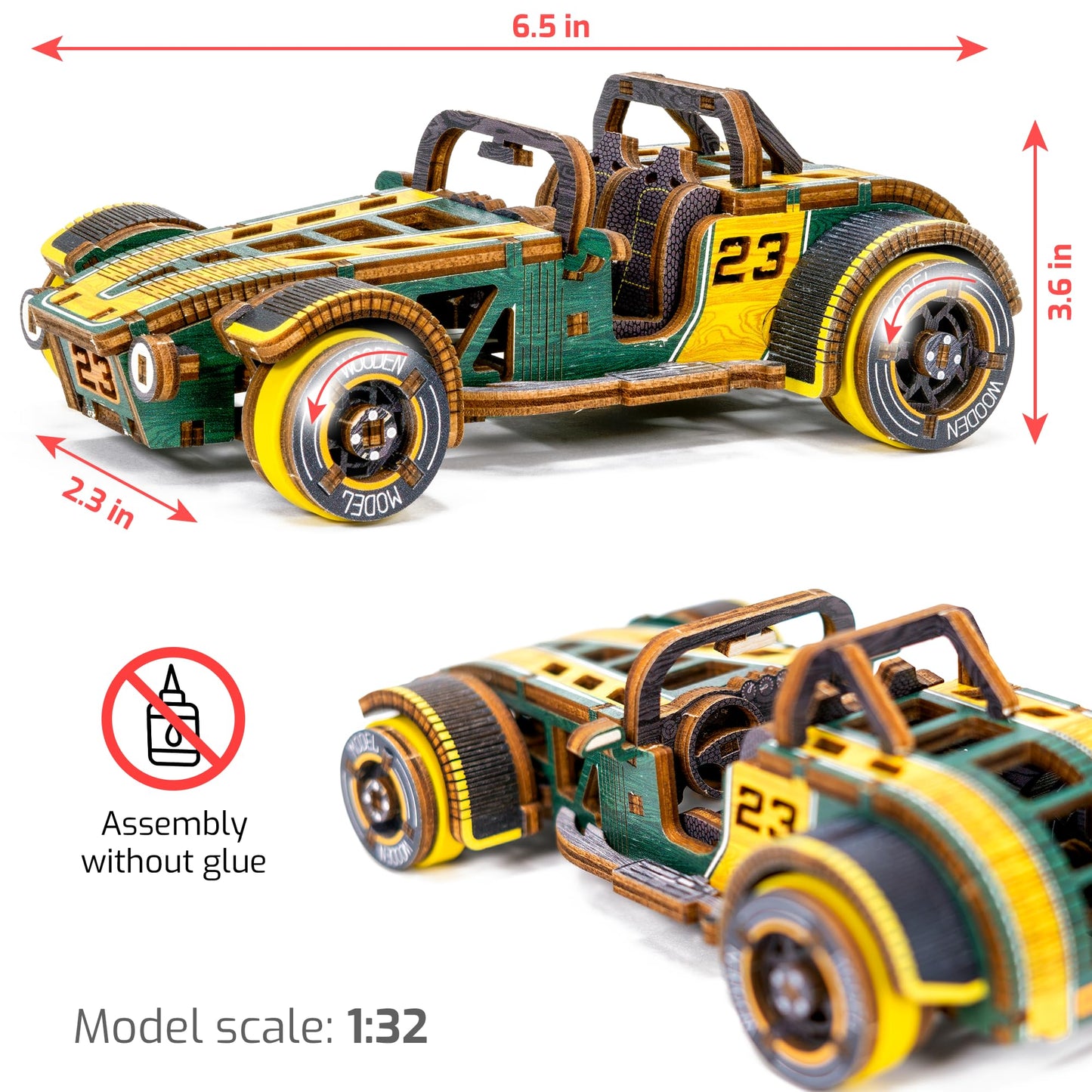 WOODEN.CITY Roadster LE 3D Wooden Puzzles for Adults – Build Your Own Roadster car with Rubber‑Band Motor – Self‑Assembly Model, DIY Gift for Adults and Teens