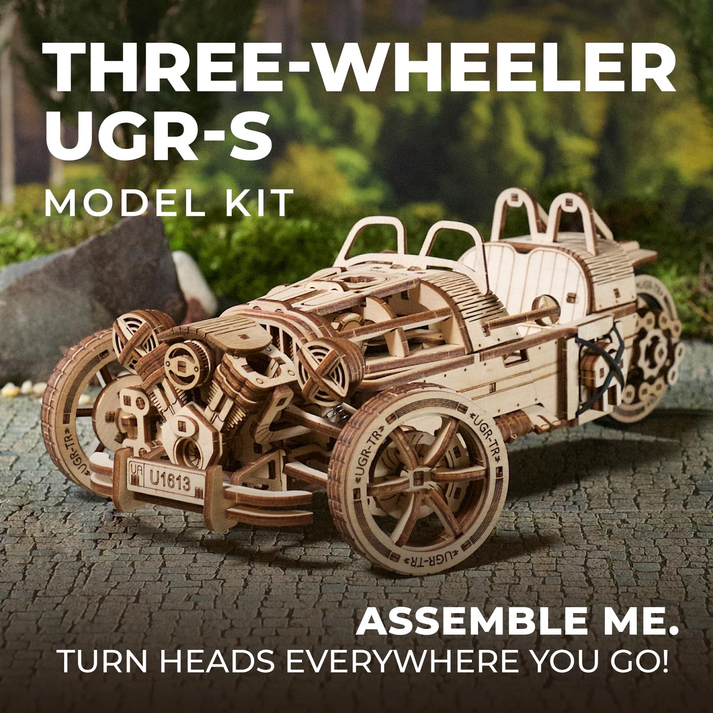 UGEARS Wooden 3D Puzzles for Adults - Three-Wheeler UGR-S Motorcycle Model Kit with Spring Motor, Functional Steering and Chain Drive – DIY Model for Motorcycle Enthusiasts 457 Pcs