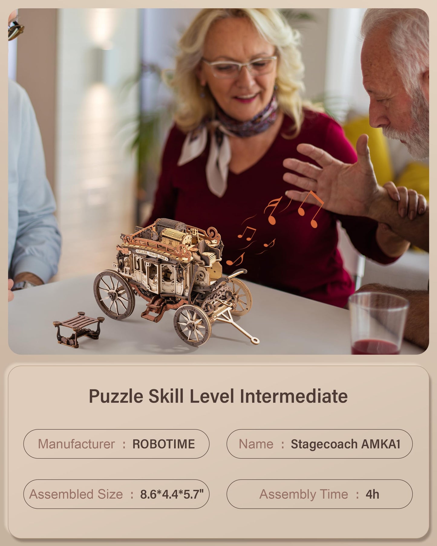 ROBOTIME Stagecoach Wooden Music Box Puzzle AMKA1, Valentines Day Gift 3D Wooden Puzzles for Adults, Mechanical 3D Model to Build, Birthday Anniversary Day Gift Hobby STEM Kits