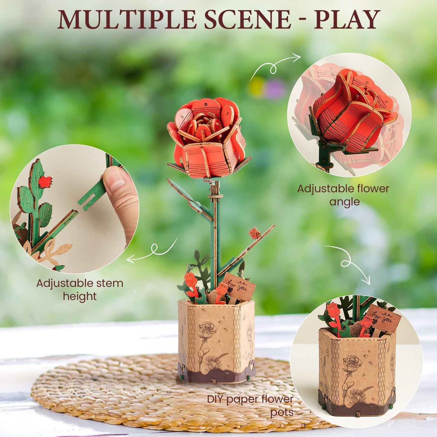 ROBOTIME Red Rose 3D Wooden Flower Puzzle, DIY Craft Kit for Adults, Everlasting Artificial Floral Bouquet, Unique Romantic Gift for Her, Wife, Girlfriend