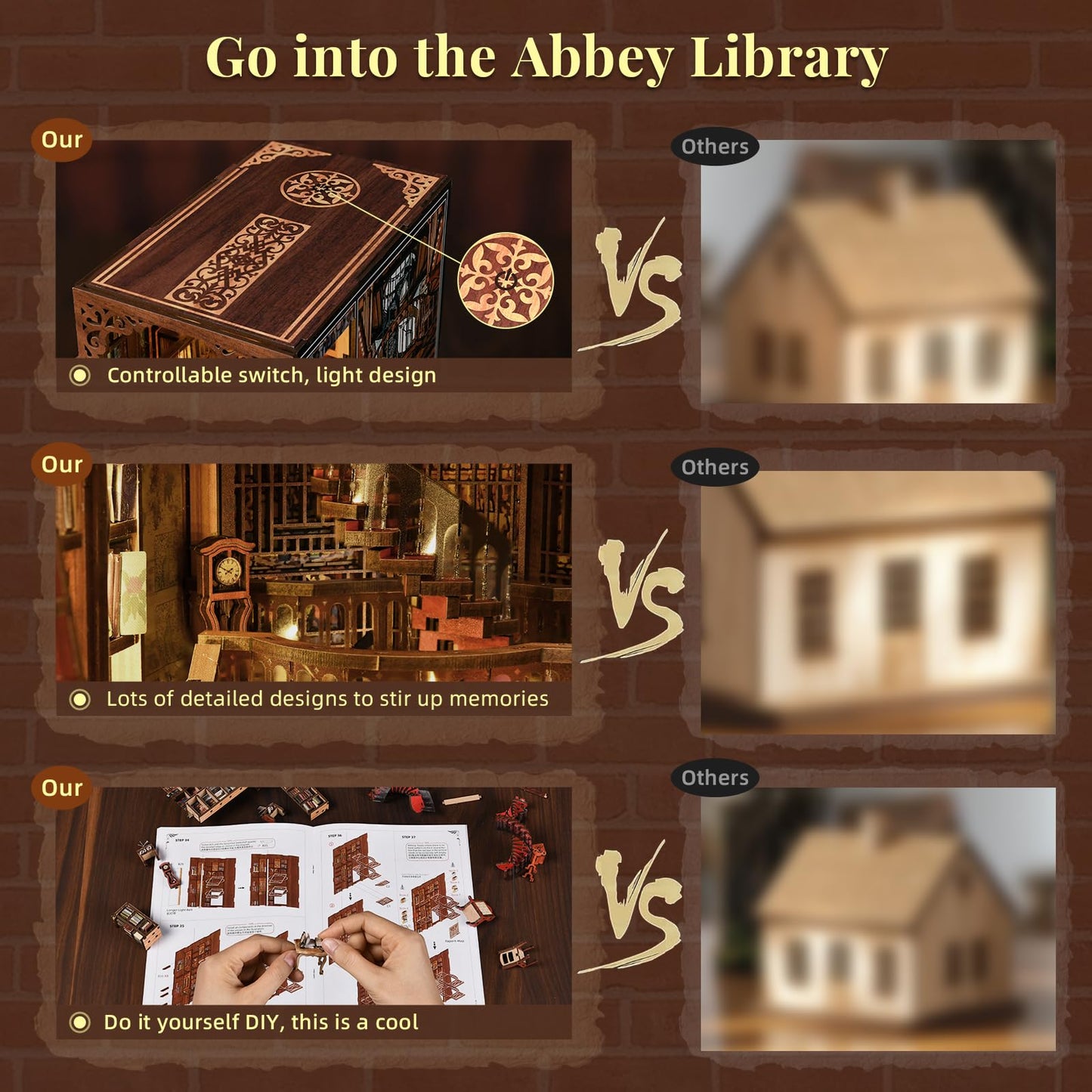 CCCDF Book Nook Kits for Adults, DIY Book Nook Kit Miniature House Dollhouse Kit, 3D Wooden Puzzle Booknook Bookend Bookshelf Decor Model Build with Dust Cover (Abbey Library)