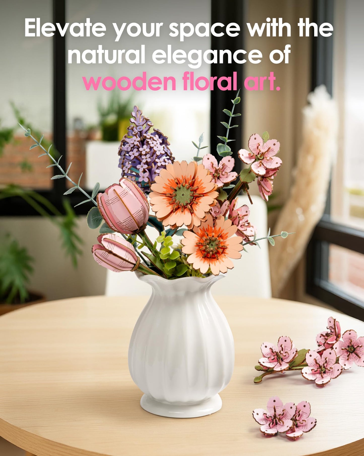 rowood 3D Puzzle Artifical Flower,DIY Wooden Flower Craft Kit Building,Mother's Day/Valentine's Day/Teacher's Day/Thanksgiving Day/Christmas/Birthday Gift for Mom/Women/Grandma/Wife/Her-Red Camellia