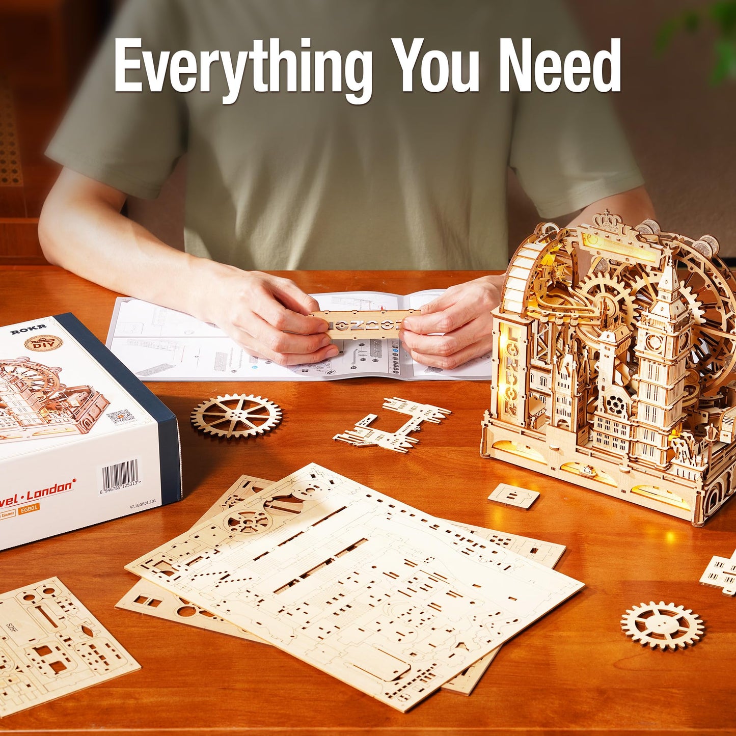 ROKR Marble Travel London, 3D Wooden Puzzles for Adults, Marble Run Kit Adults to Build, 3D Wooden Puzzle with LED, Unique Gift for Men Women