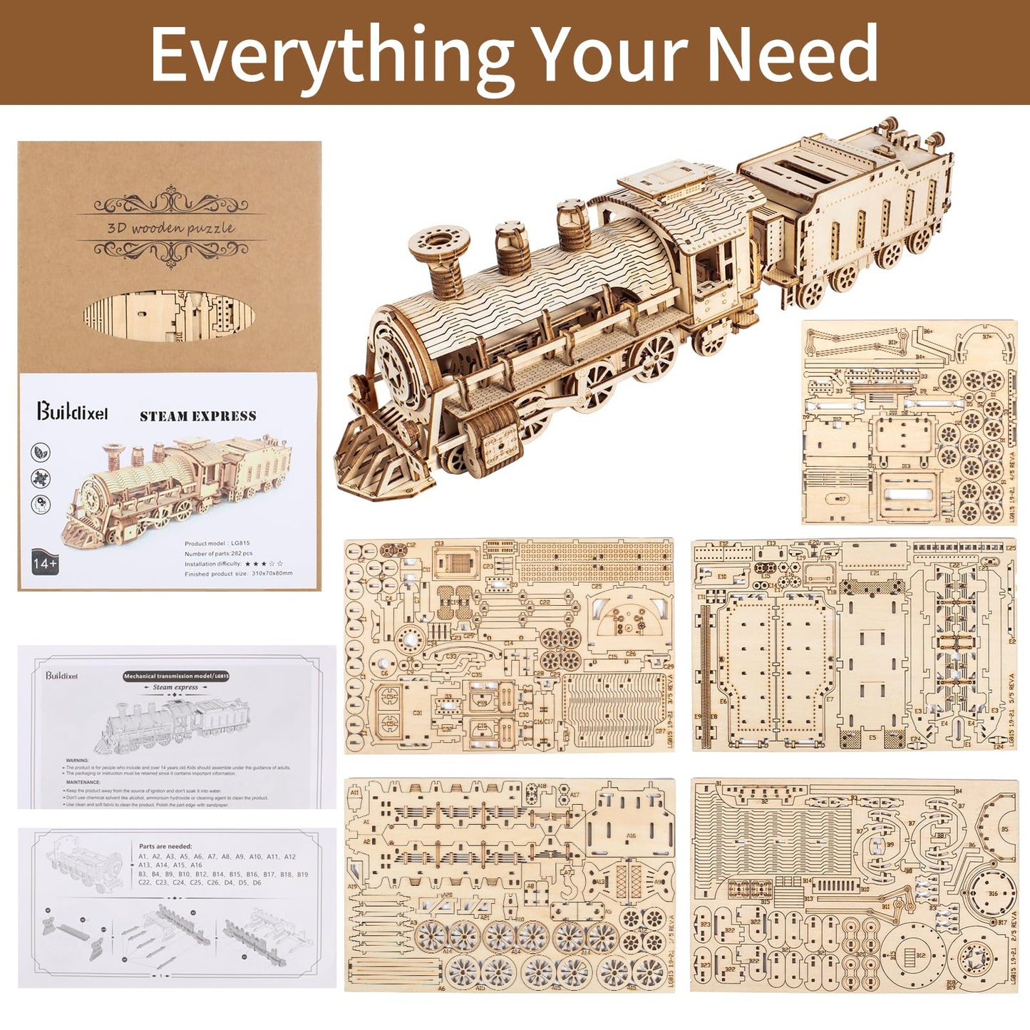 3D Wooden Puzzles for Adults, DIY Mechanical Model Kits for Adults and Kids to Build, Creative Gift for Women or Men Birthday, Christmas (Mechanical Train)