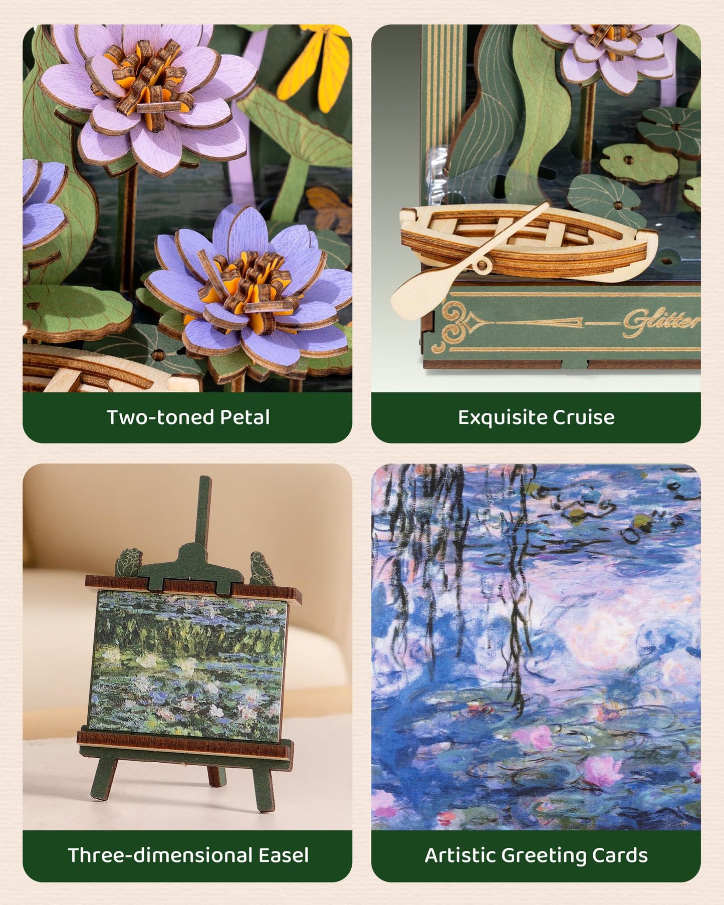Wowood 3D Wooden Puzzles for Adults - Monet Water Lily DIY Model Building Kits with LED Light - Home Decor, Wall Art & Unique Creative Gifts for Art Lovers