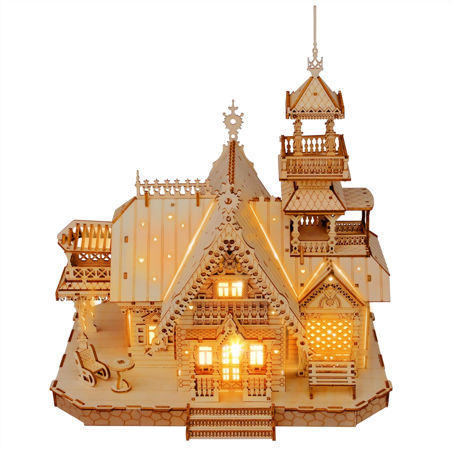 KWASVLYA Vintage Villa 3D Wooden Puzzle,Building Kits for Adults and Teens,Educational Brain Teaser Assembly Model with LED Lights,Skill Building and Creative Fun