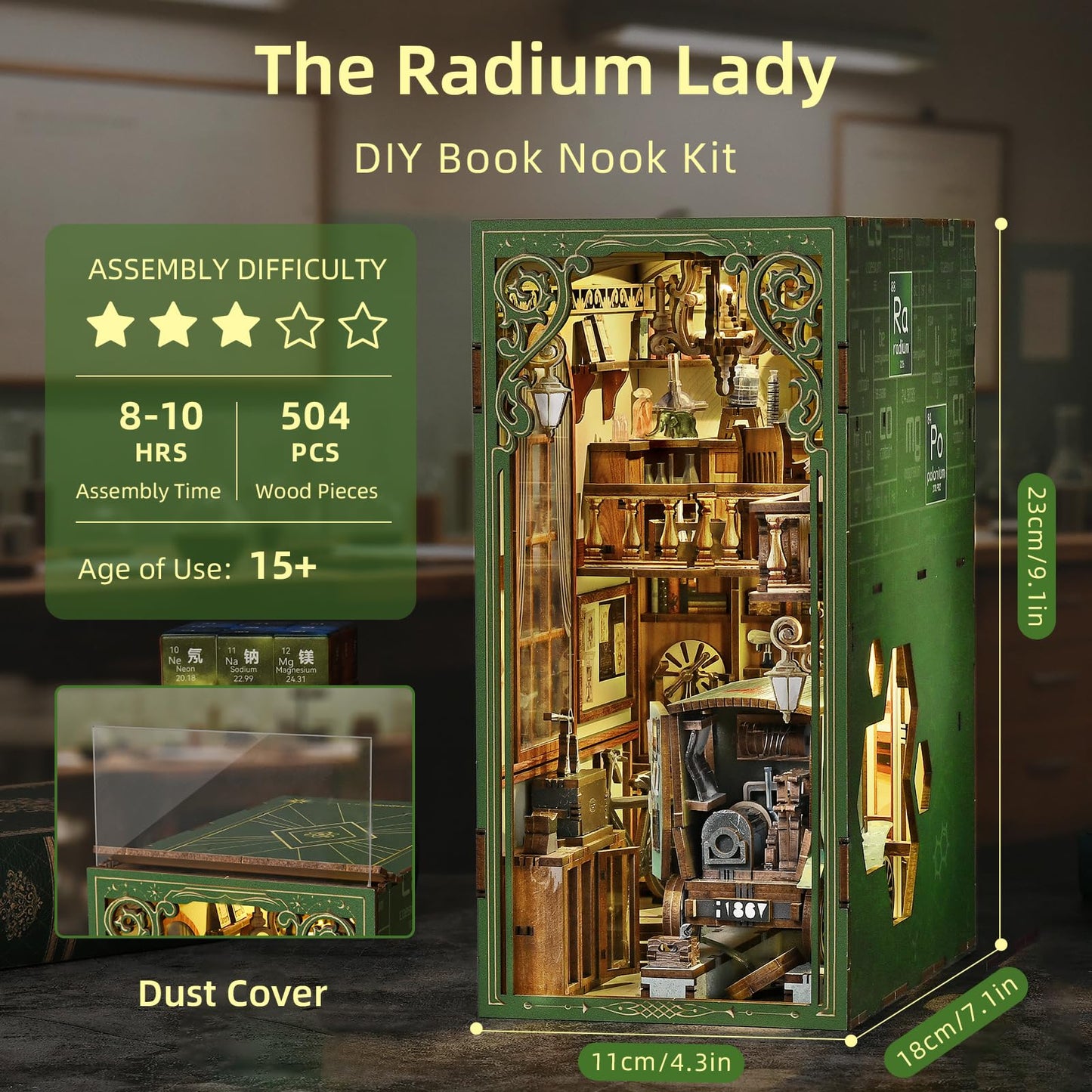 CCCDF Book Nook Kit - 3D Wooden Puzzles for Adults, DIY Scene Miniature Kit, Tiny House Booknook Craft Bookshelf Decor Mini Scale Model, Gifts for Puzzle Lovers (The Radium Lady)