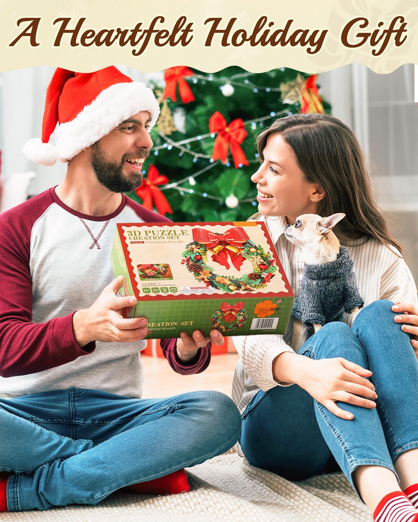 ROBOTIME Christmas Wreath with Red Bow, Pine Cones, Berries & Bells 3D Wooden Puzzles for Adults Creative Gifts for Holiday Window Fireplace Door Decorations