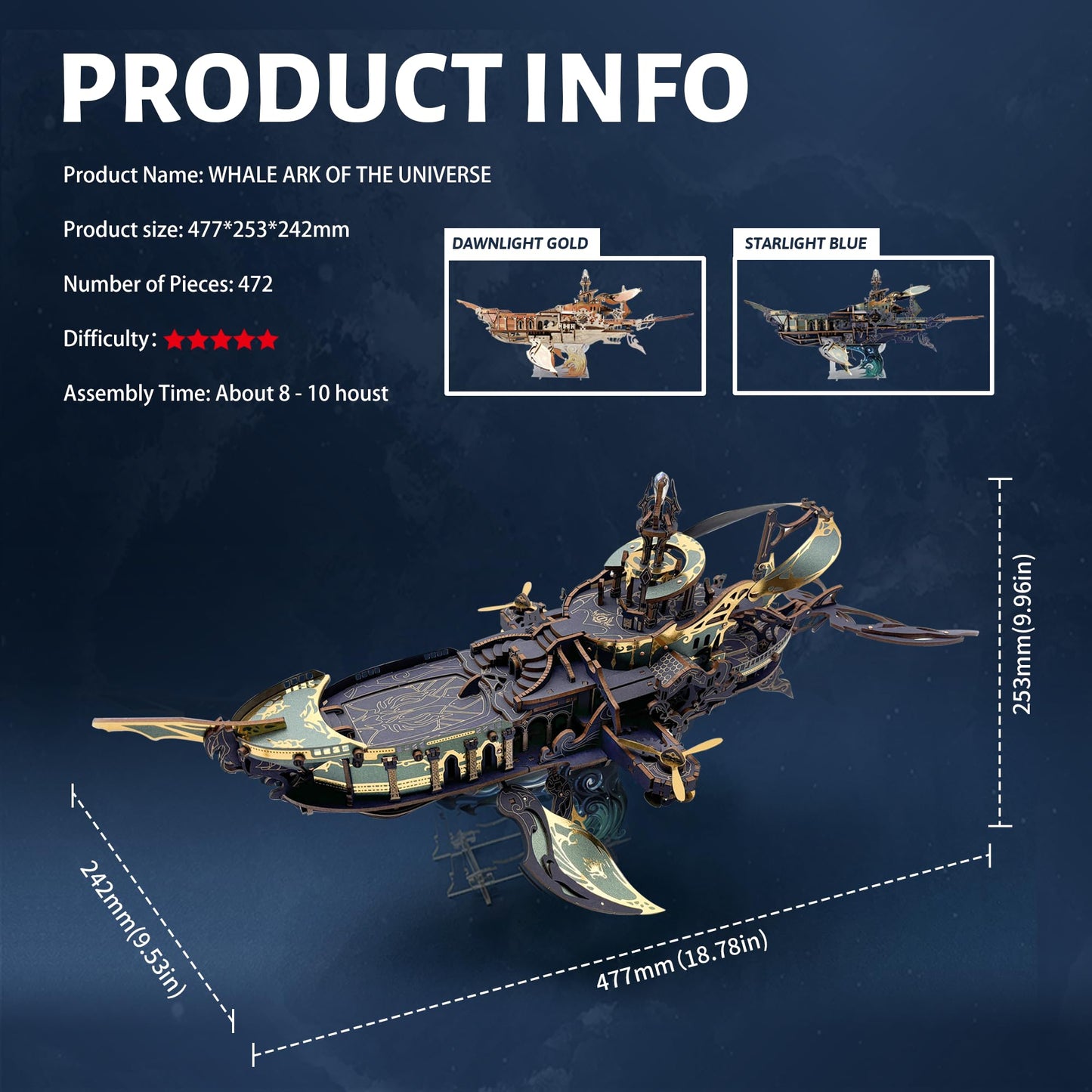 STRUCWOOD DIY 3D Wooden Puzzle Whale Spaceship,Miniature Wooden Dollhouse Model for Adults to Build,Gifts for Family Friends - Whale Ark of The Universe (Starlight Blue)