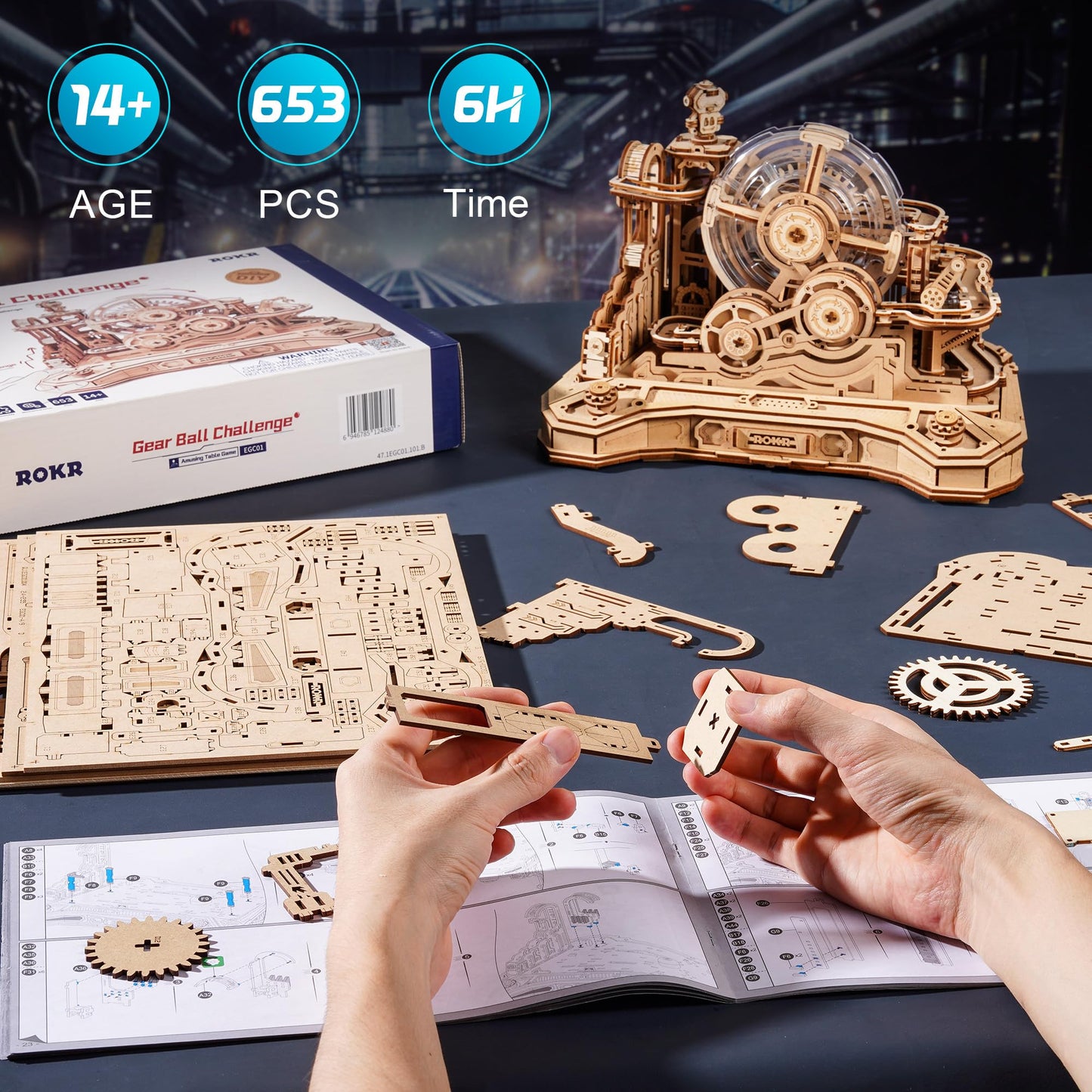 ROKR 3D Wooden Puzzles for Adults Miniature Marble Run Building Toys,DIY Pinball Machine Model Kits-Gear Ball Challenge EGC01