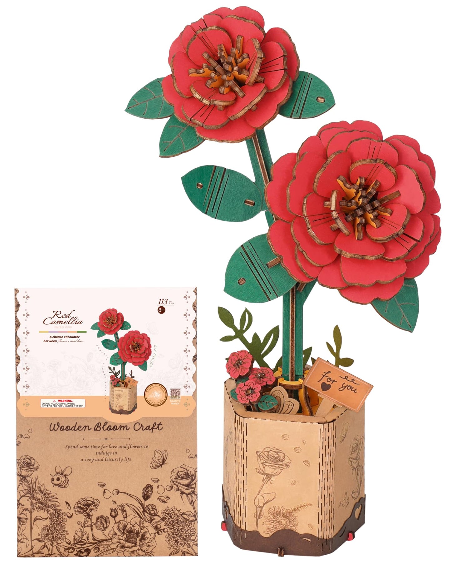 ROBOTIME 3D Puzzle Wooden Flower Red Camellia DIY Model Kit to Build for Adults Artifical Bouquet Collection Craft Brain Teaser Puzzle Creative Gift Home Decor