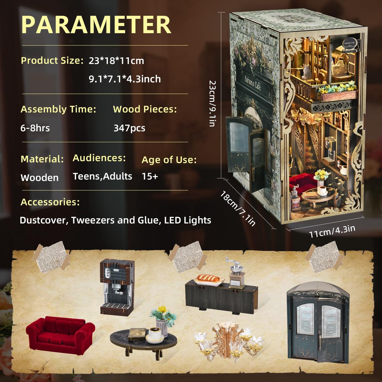 CCCDF Book Nook Kit - DIY Miniature House Coffee Shop Dollhouse Kit for Adults and Teens, 3D Wooden Puzzle Booknook Tiny House Bookshelf Decor, Gifts for Family, Friends (Saison Café)