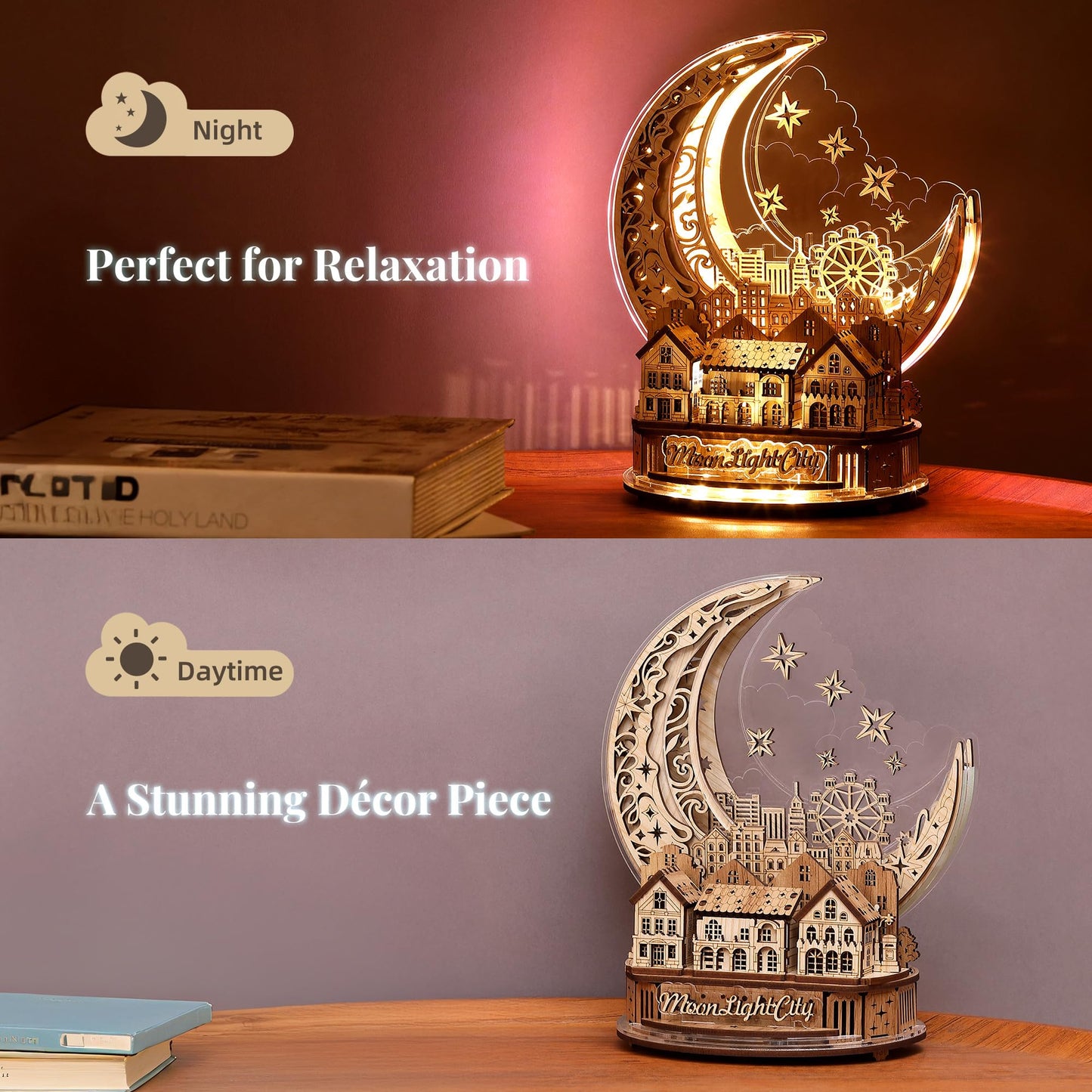 FUNPOLA 3D DIY Puzzle Moon City Model - LED 3D Wood Puzzle - 3D Wooden Puzzles for Adults Home Décor Gifts for Kids and Adults, White