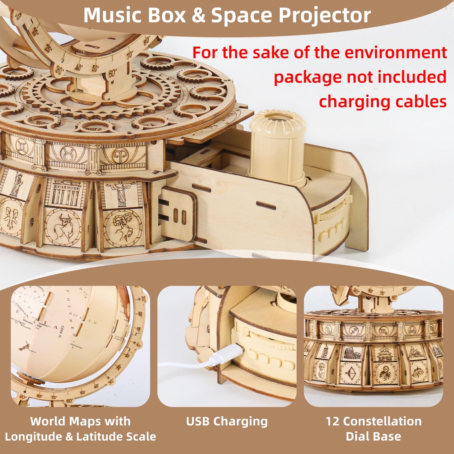 MIEBELY 3D Wooden Puzzles for Adults USB Charging Illuminated Globe Music Box DIY LED Wood Model Building Kits with Space Projector Stem Toys for Kids Desk Decor for Boys/Girls Ages 8+
