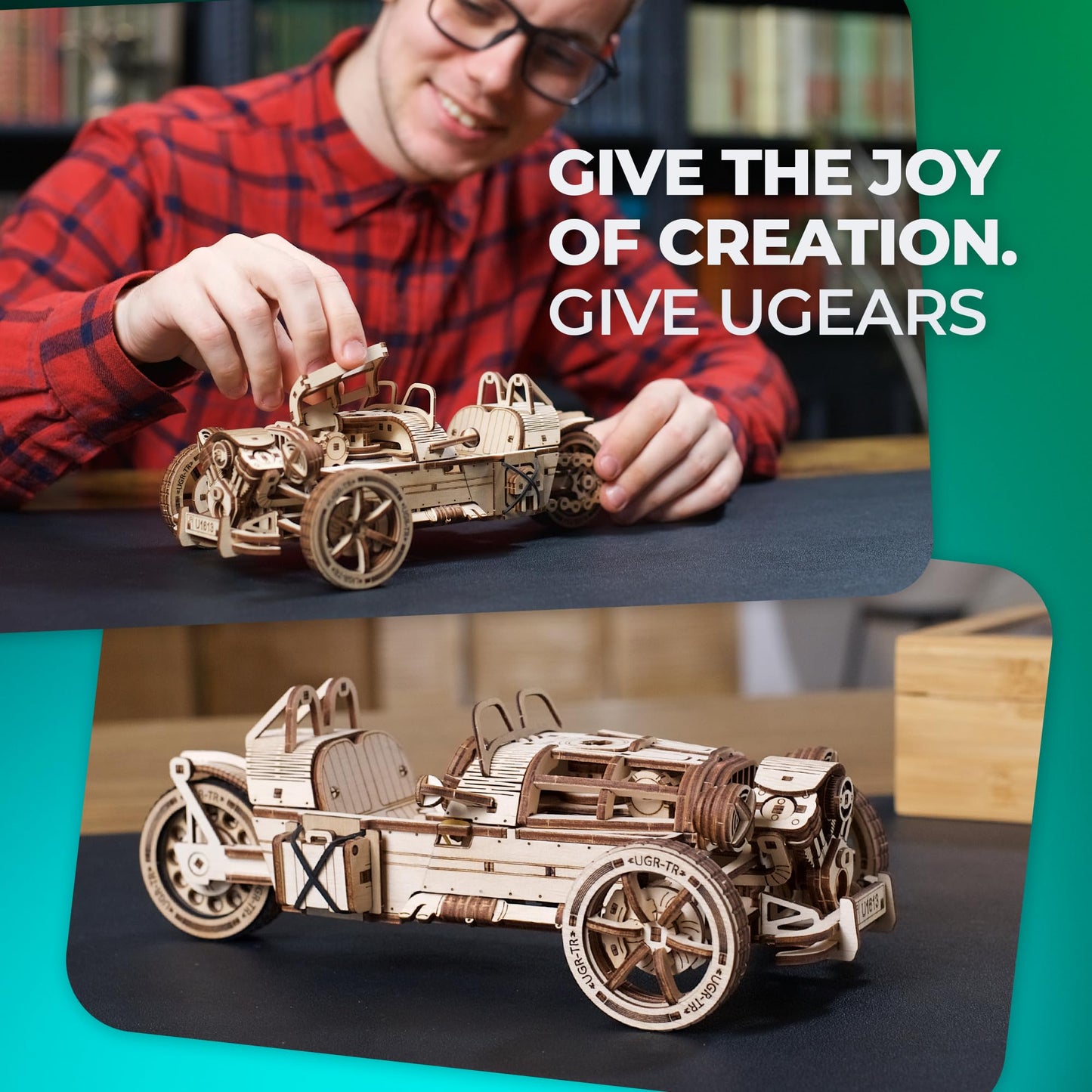UGEARS Wooden 3D Puzzles for Adults - Three-Wheeler UGR-S Motorcycle Model Kit with Spring Motor, Functional Steering and Chain Drive – DIY Model for Motorcycle Enthusiasts 457 Pcs