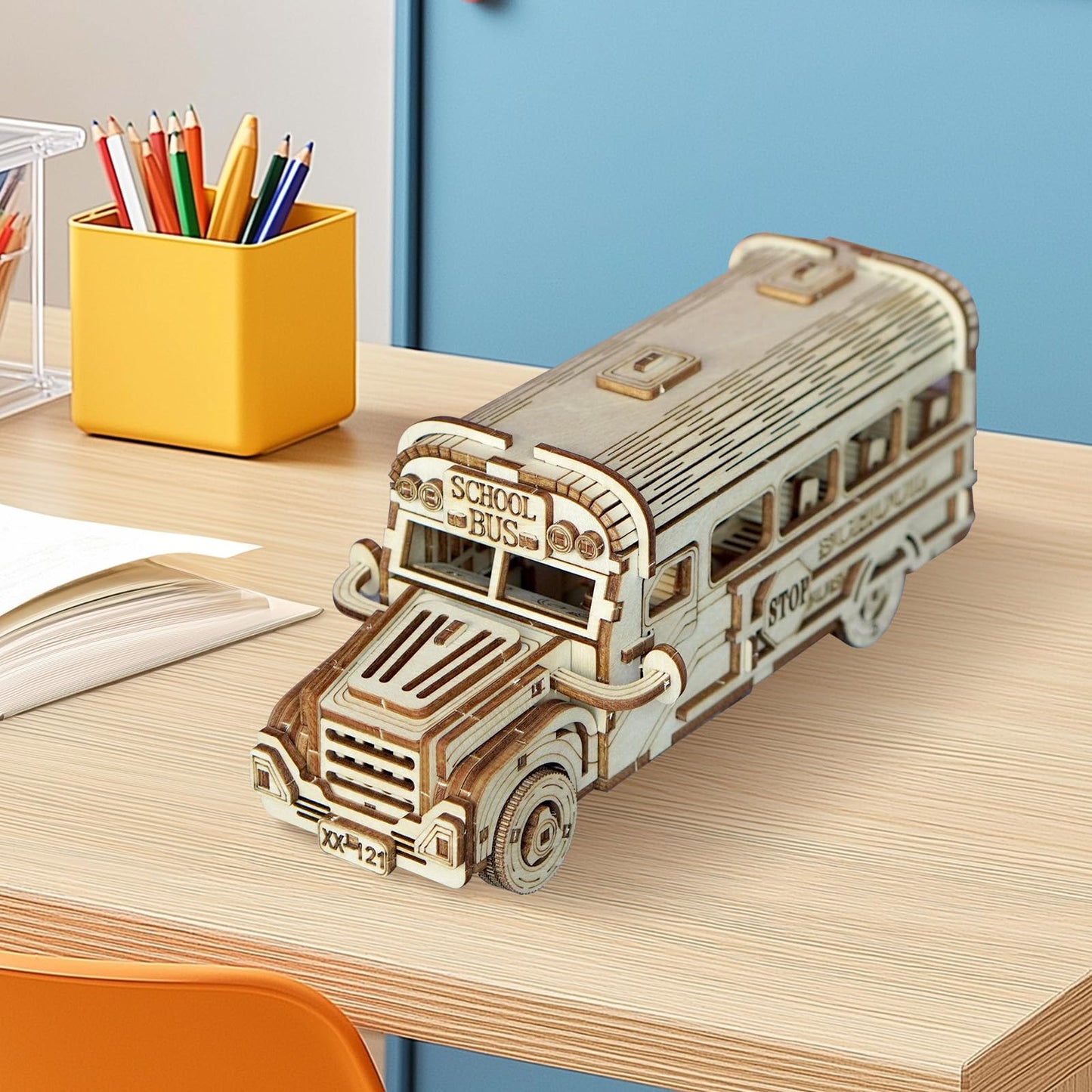 Foyucool 3D Wooden Puzzle for Adults, DIY Creative School Bus Design Model Kit, Creative Assembly Model Building Kits to Build for Adults, DIY Assembly Puzzle for Christmas Day