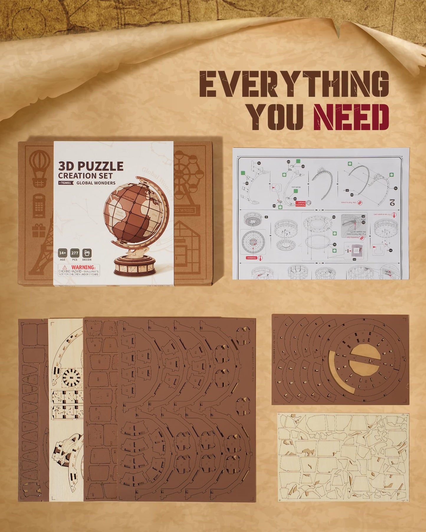 ROBOTIME 3D Wooden Puzzle for Adults Global Wonders DIY Model Kit to Build Wooden Craft Kits for Teens Educational Brain Teaser Assembly Toy Unique Gift