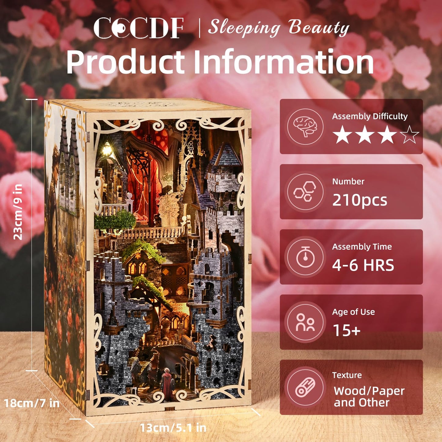 CCCDF Book Nook Kit, DIY Miniature Dollhouse Booknook Kit, 3D Wooden Puzzle Bookend Bookshelf with LED Light for Adults Teens, Gifts for Family and Friends (Sleeping Beauty)