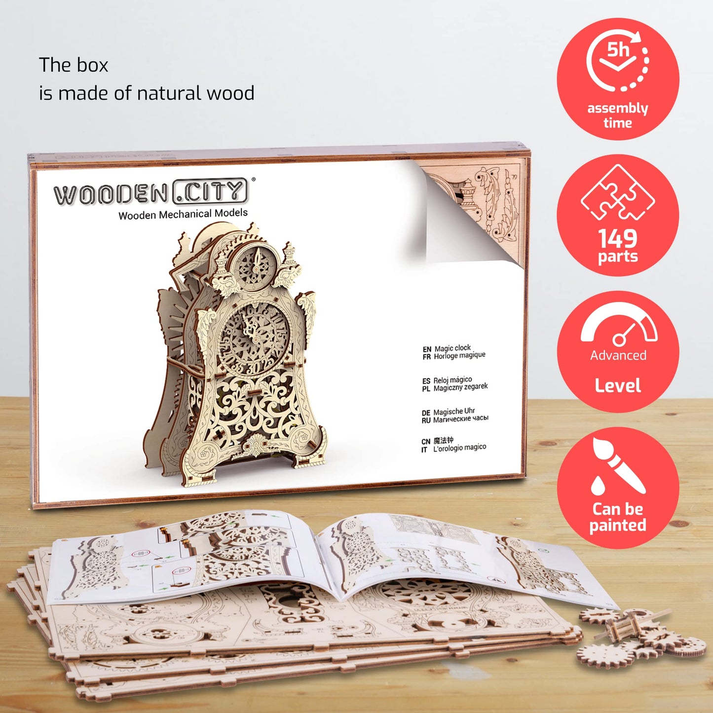 WOODEN.CITY Magic Clock 3D Wooden Puzzle for Adults – Mechanical Table Clock Kit with Working Gears - 140 Laser-Cut Pieces – Build & Display for Adults & Teens - Model Kit Gift