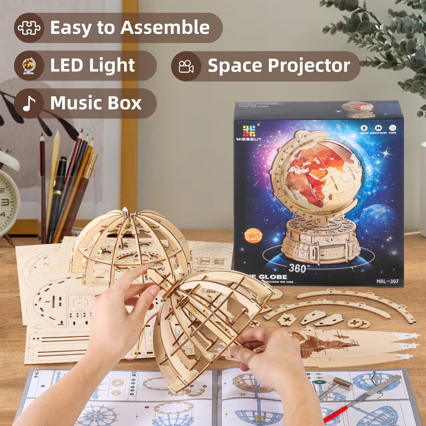 MIEBELY 3D Wooden Puzzles for Adults USB Charging Illuminated Globe Music Box DIY LED Wood Model Building Kits with Space Projector Stem Toys for Kids Desk Decor for Boys/Girls Ages 8+