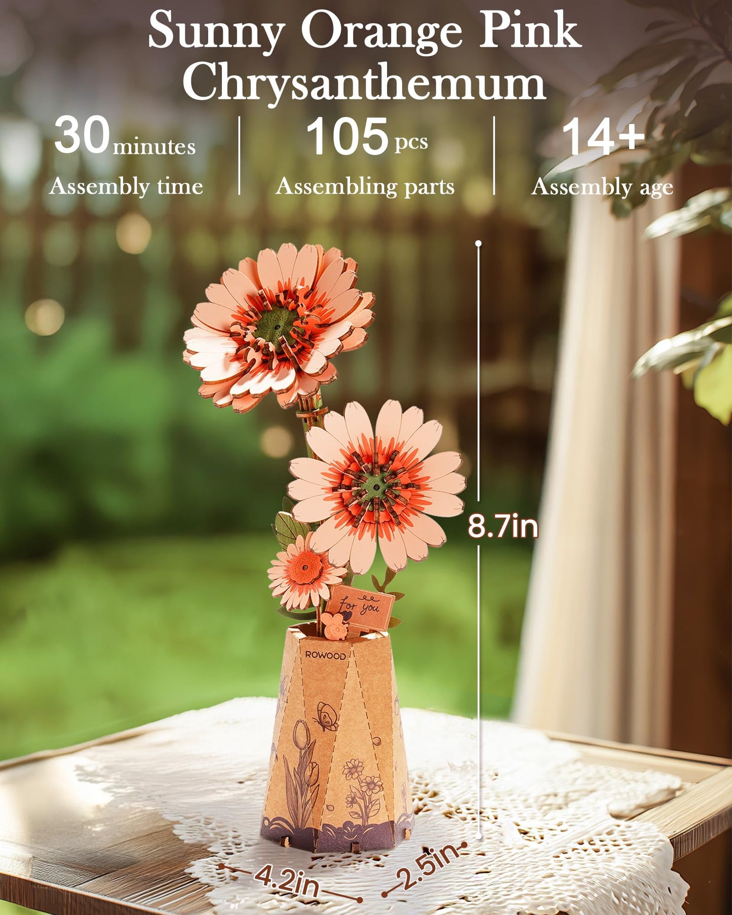 rowood 3D Puzzles for Adults,DIY Wooden Flower Building Craft Kits for Women,Christmas/Birthday Gift- Orange Gerbera Daisy