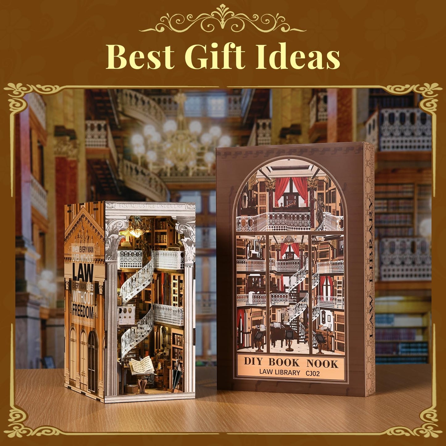 CCCDF DIY Book Nook Kit for Adults and Teens, Miniature Dollhouse Booknook Kit, 3D Wooden Puzzle Booknook Bookshelf Bookcase Model Build Kit Decor Alley with LED Light (Law Library)