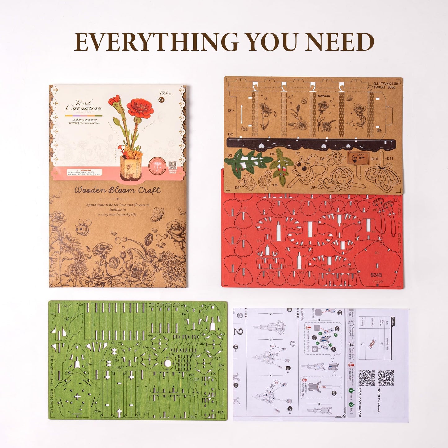 ROBOTIME 3D Wooden Flower Puzzle, Red Carnation DIY Craft Kit for Adults. Artificial Flower Decor for Table, Centerpiece, Home, Unique Gift for Mom, Wife, Women