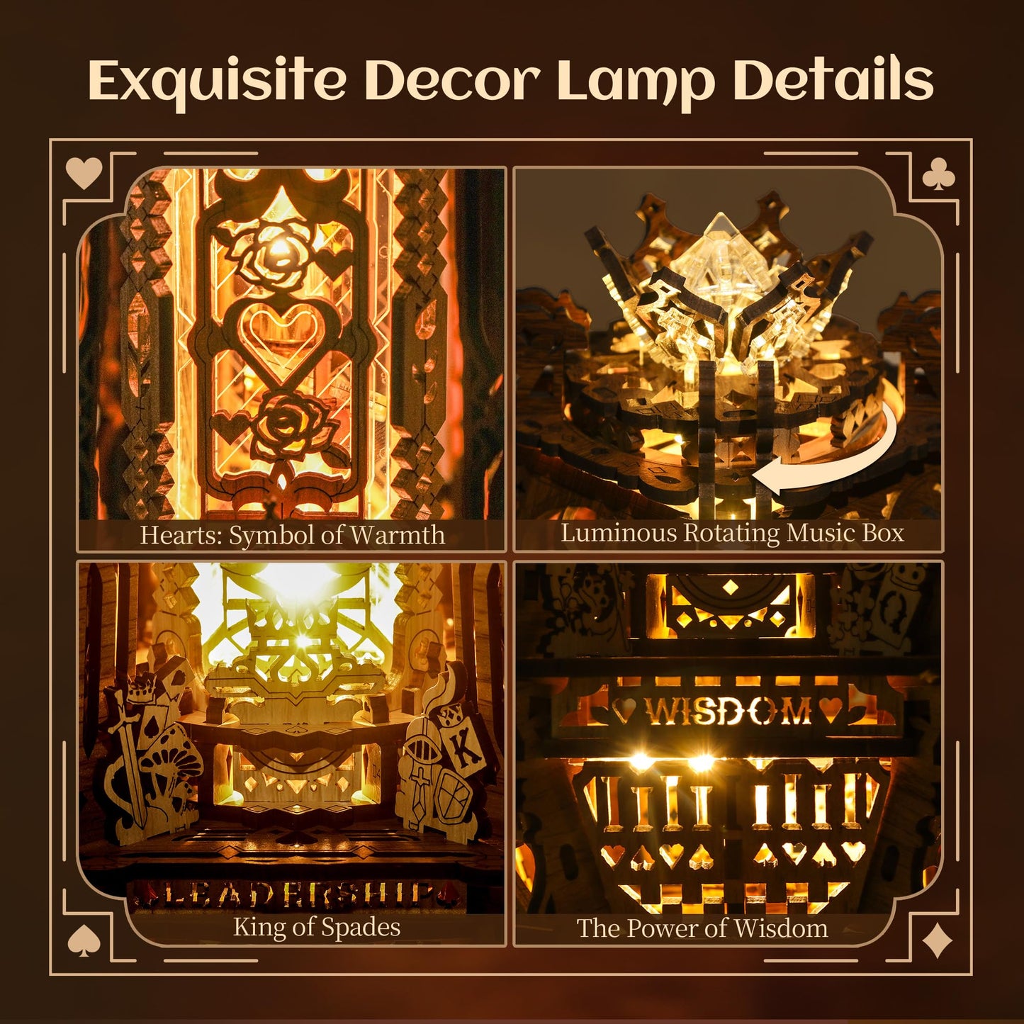 FUNPOLA LED 3D Wood Puzzle Poker World Projector Lamp – DIY Craft Kit with LED Lights and Music Box – Creative Poker-Themed Lamp, Nightlight Gift for Home Décor (Black Walnut)