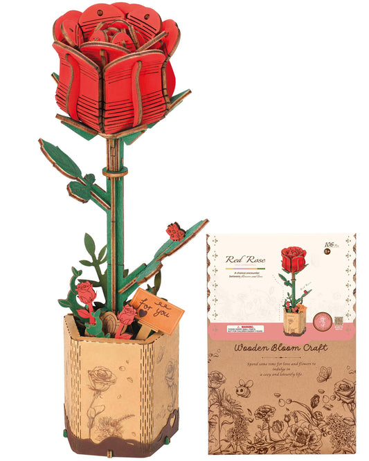 ROBOTIME Red Rose 3D Wooden Flower Puzzle, DIY Craft Kit for Adults, Everlasting Artificial Floral Bouquet, Unique Romantic Gift for Her, Wife, Girlfriend