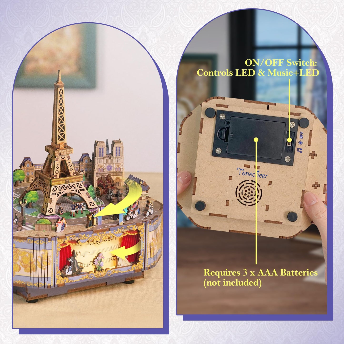 Tonecheer Wooden Music Box Puzzle for Adults, DIY Rotating Music Box Kit 3D Creative Musical Puzzle Crafts Model Building Kits Desk Decor Birthday (Romantic Paris)