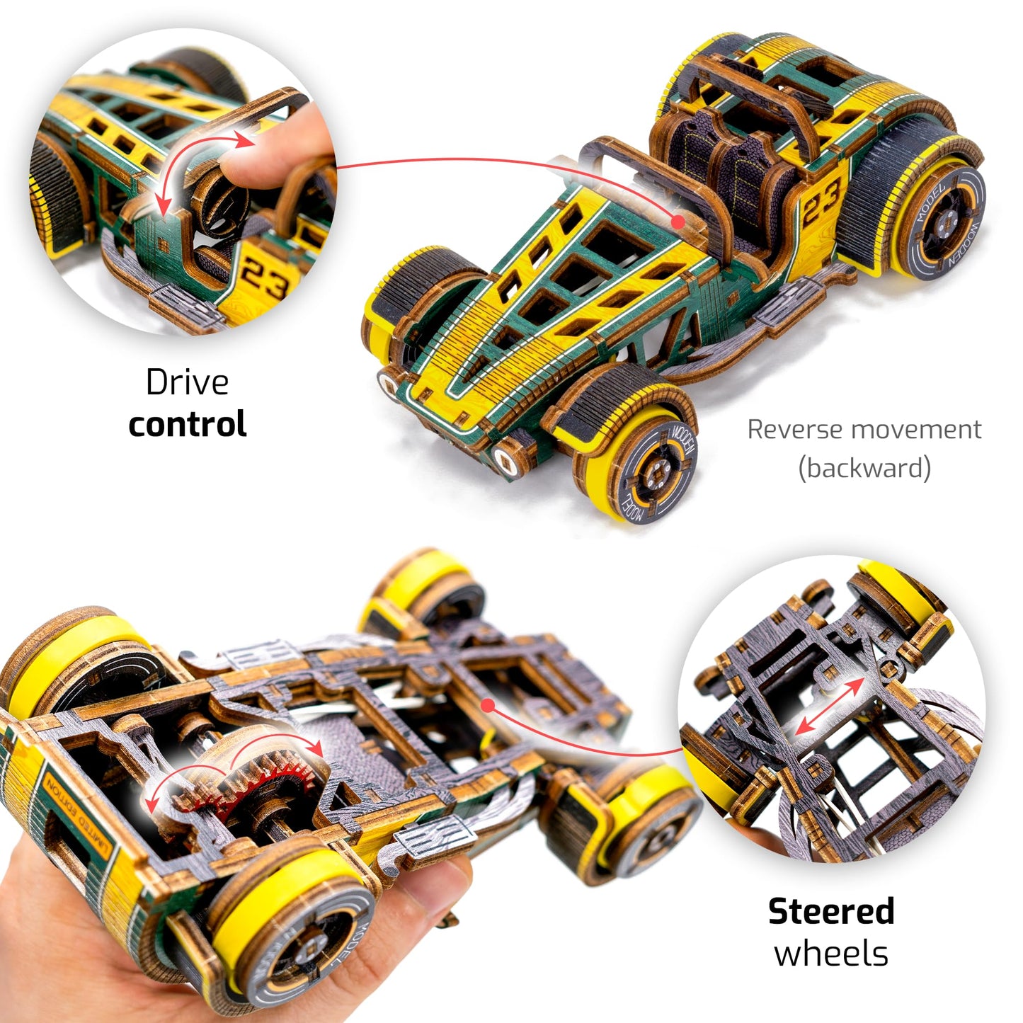 WOODEN.CITY Roadster LE 3D Wooden Puzzles for Adults – Build Your Own Roadster car with Rubber‑Band Motor – Self‑Assembly Model, DIY Gift for Adults and Teens