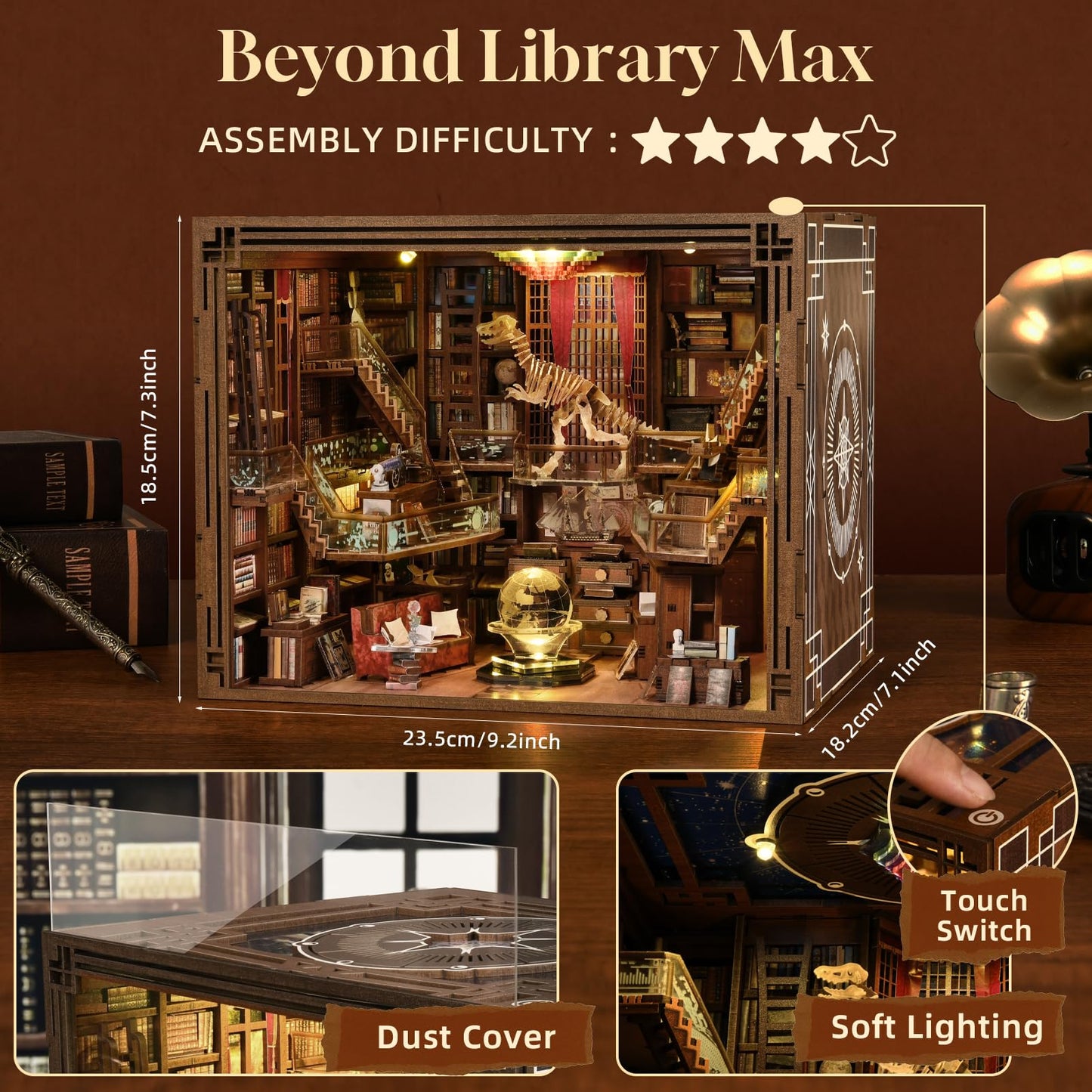 CCCDF DIY Book Nook Kit, Miniature Dollhouse Booknook Kit, 3D Wooden Puzzle Bookend Bookshelf Insert Decor with LED Light for Teens and Adults (Beyond Library Max)