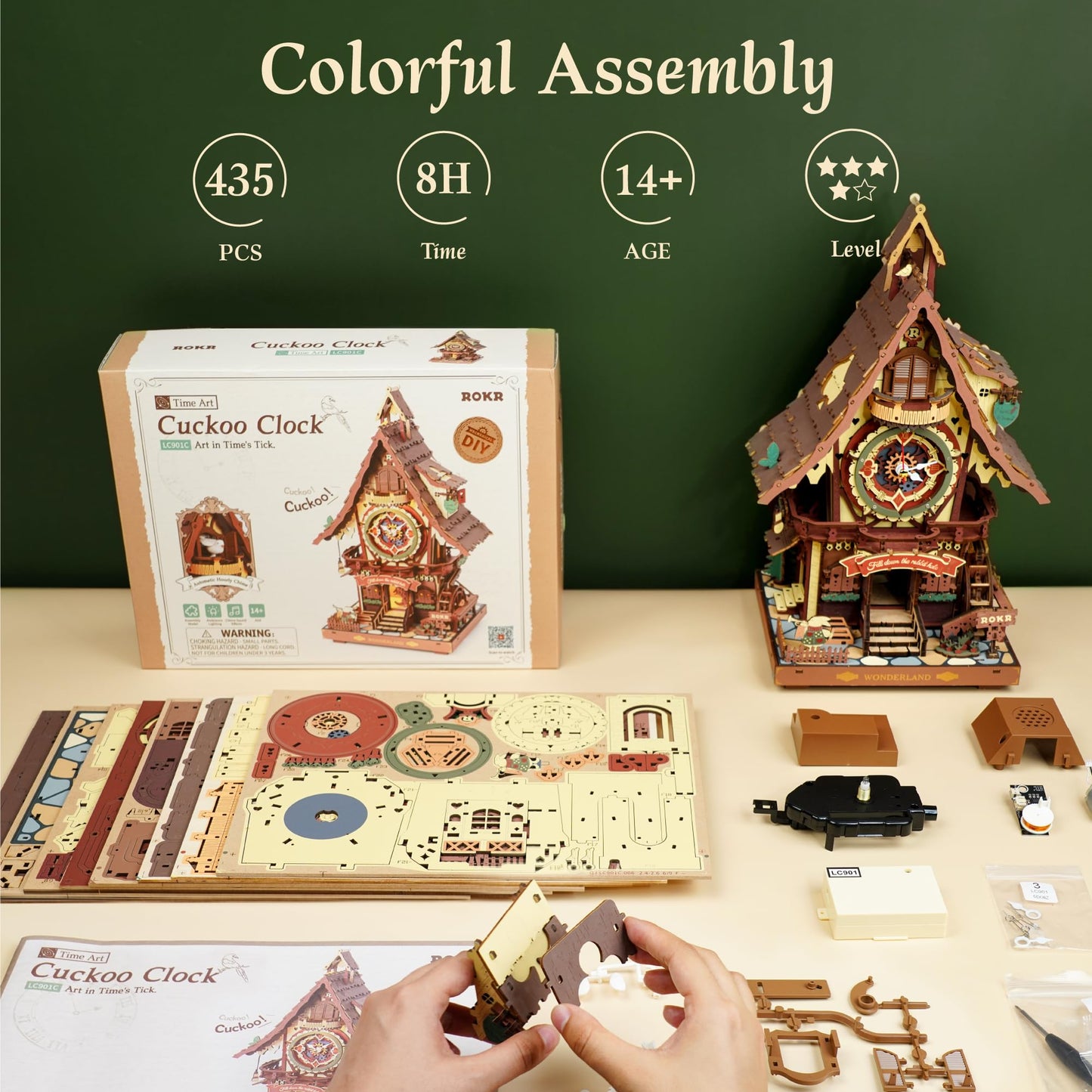 ROKR 3D Wooden Puzzles for Adults, Cuckoo Clock Model Kit, Room Home Decor DIY Watch Making Kit Functional Mechanical Building Toys, Hobbies Birthday Christmas Day Gifts for Men Women 14+
