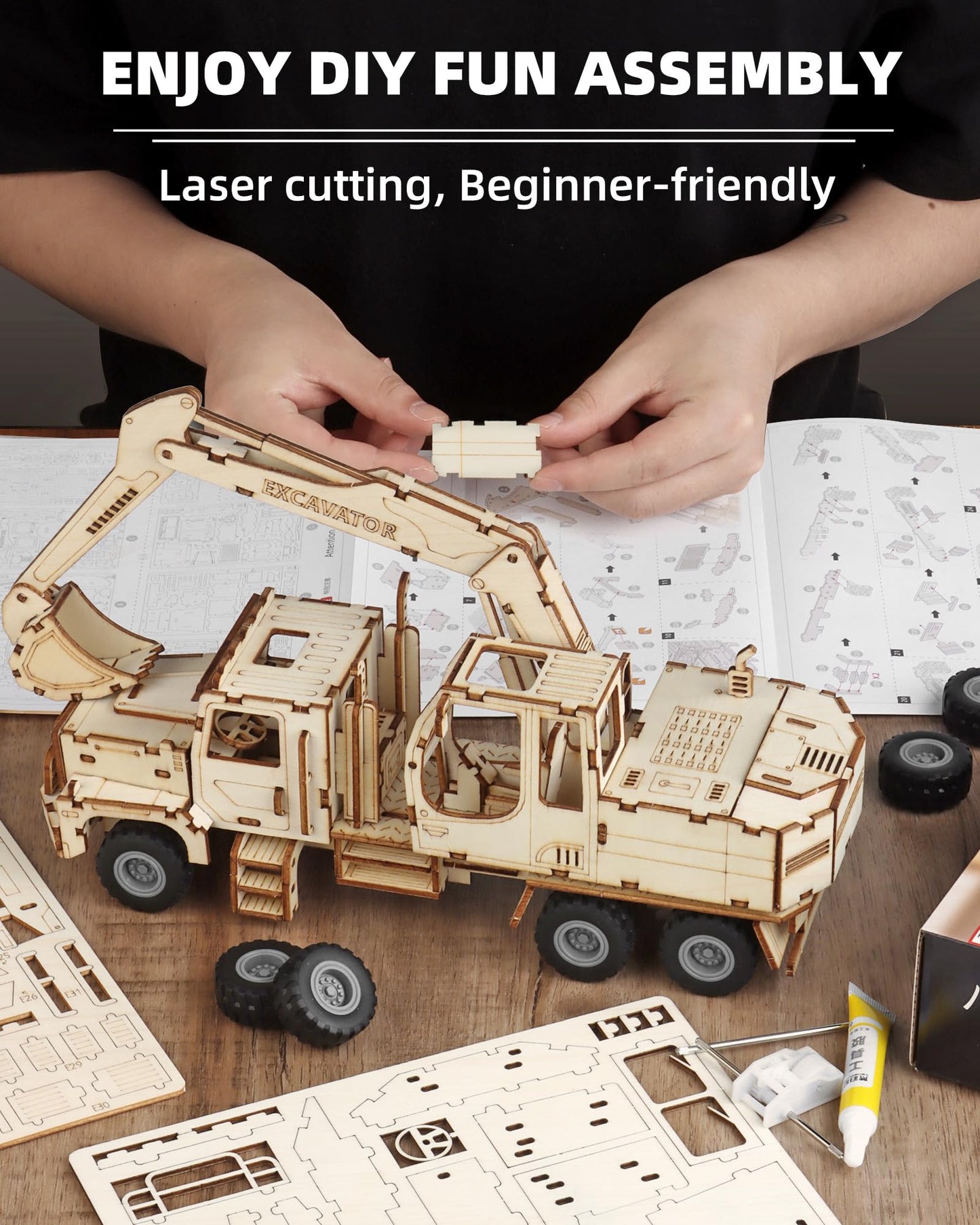 MOCBURIKU 3D Wooden Puzzle for Adults, Excavator Wooden Mechanical Model Car Kits to Build, Brain Teaser Pull Back Truck Toys Birthday for Men Women (Excavator)