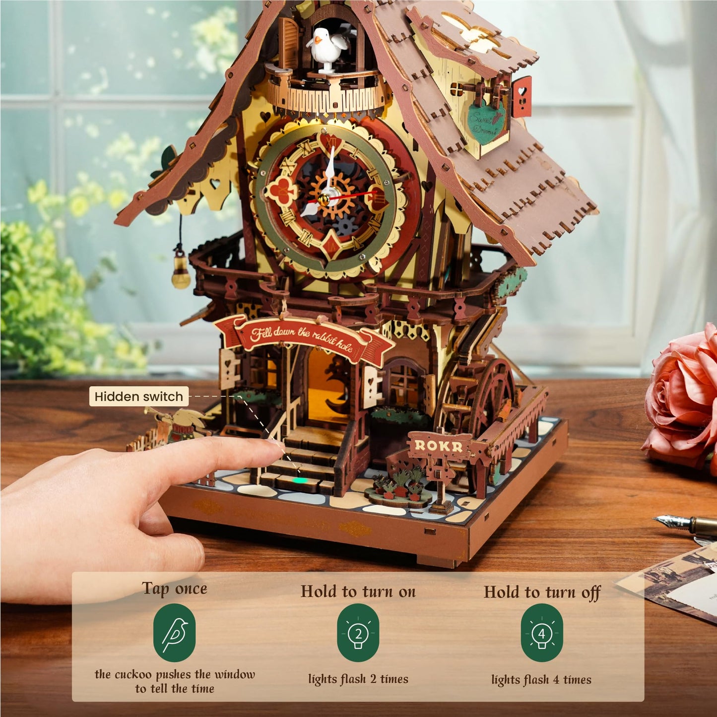 ROKR 3D Wooden Puzzles for Adults, Cuckoo Clock Model Kit, Room Home Decor DIY Watch Making Kit Functional Mechanical Building Toys, Hobbies Birthday Christmas Day Gifts for Men Women 14+