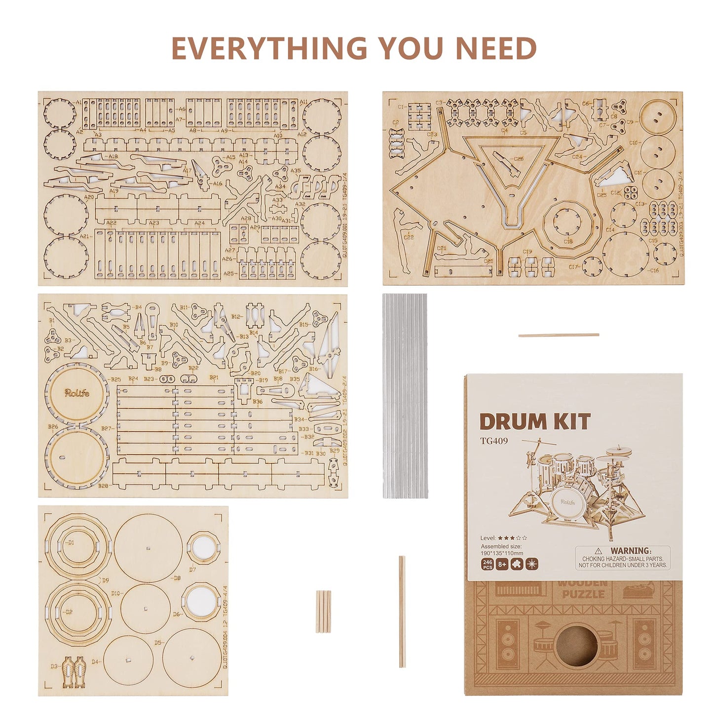 ROBOTIME Wooden Craft Kits for Kids 3D Wooden Puzzle DIY Model Drum Kit to Build for Boys Adorable Home Decoration for Teens