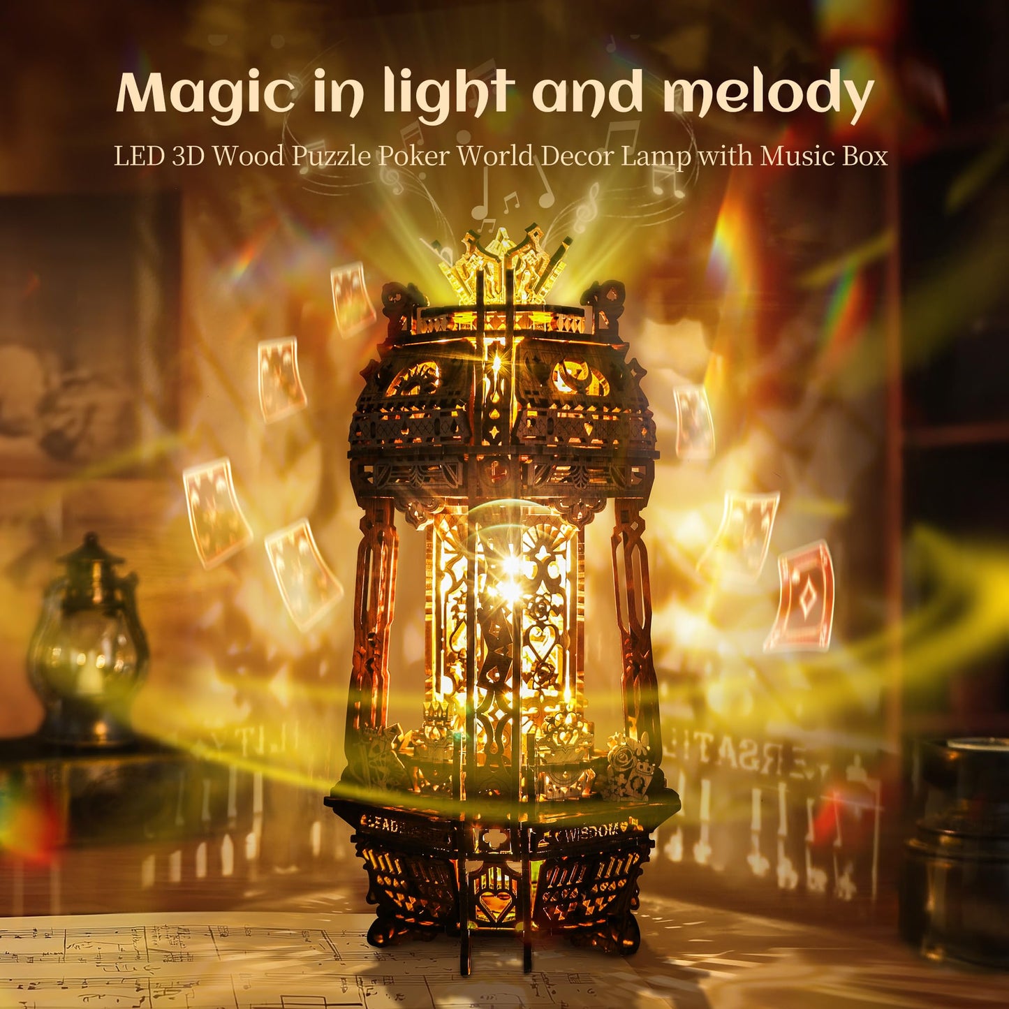 FUNPOLA LED 3D Wood Puzzle Poker World Projector Lamp – DIY Craft Kit with LED Lights and Music Box – Creative Poker-Themed Lamp, Nightlight Gift for Home Décor (Black Walnut)