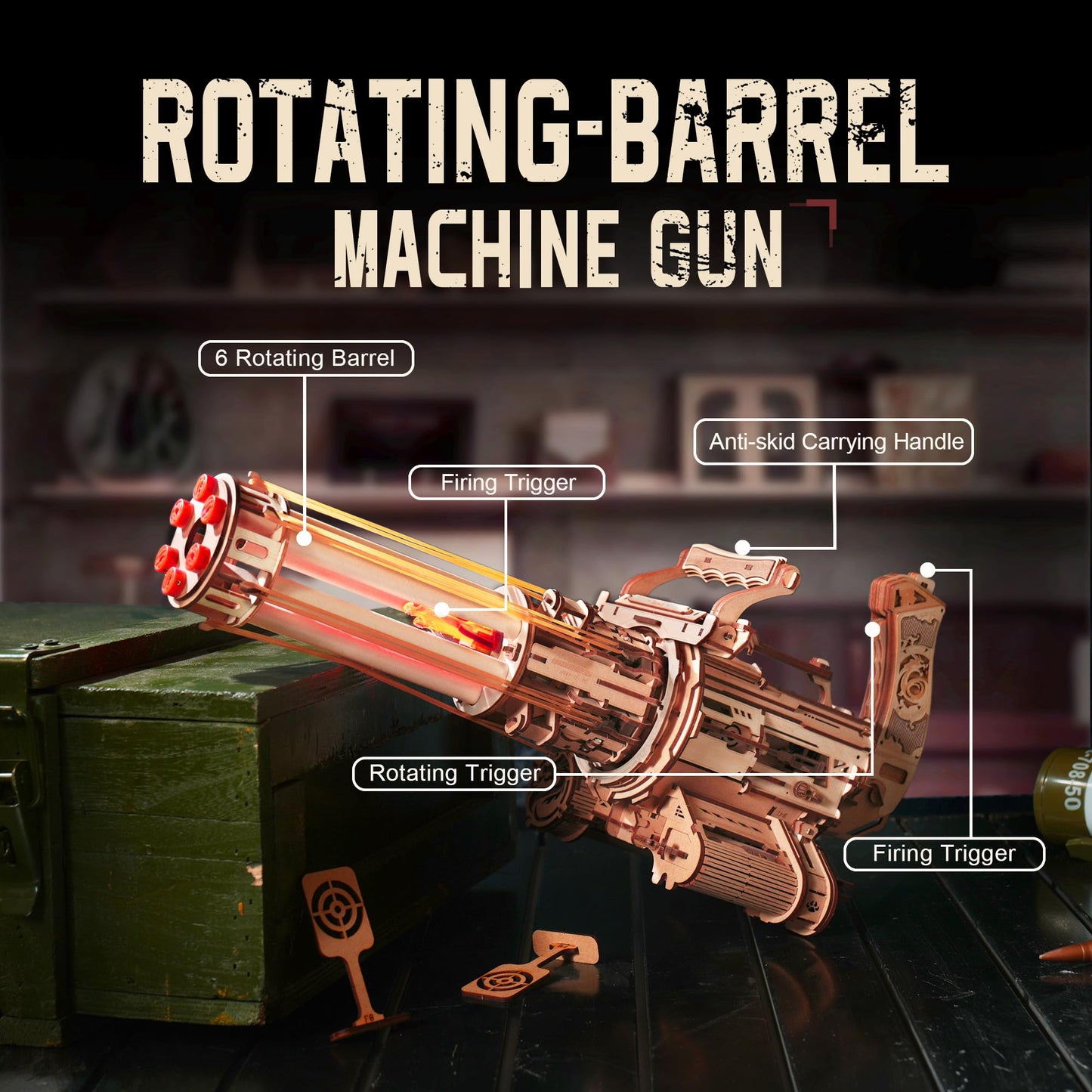 ROKR Gun 3D Puzzles for Adults, Wooden 3D Puzzle Rubber Bands Gun Toy, Rotating-Barrel Machine Gun, Wood Model Craft Kits, Cool Hobbies Birthday Gifts for Men Teen 14+
