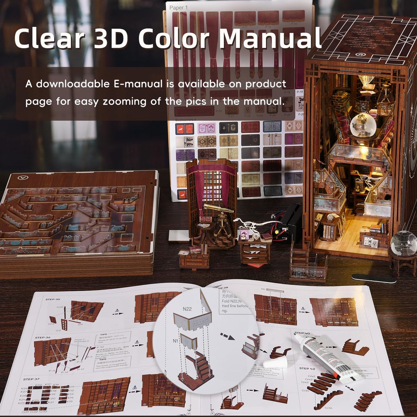 CCCDF DIY Book Nook Kit, DIY Miniature Dollhouse Booknook Kit, 3D Wooden Puzzle Bookend Bookshelf Insert Decor with LED Light for Teens and Adults (Beyond Library)