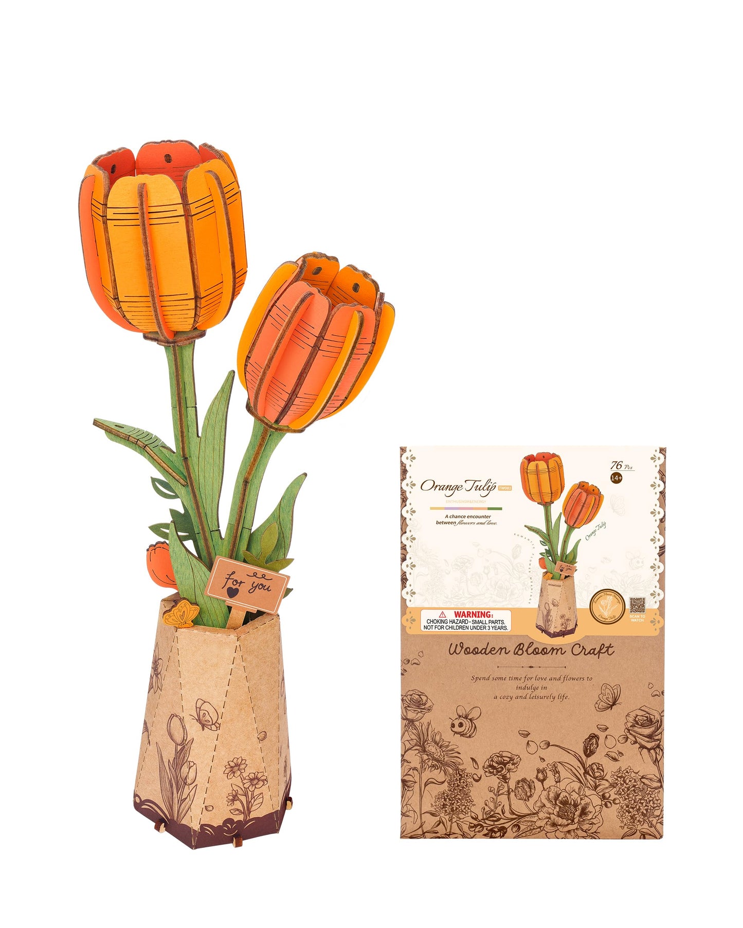 ROBOTIME 3D Puzzle Orange Tulip TW081, DIY Wooden Flower Craft, Artificial Flowers Model Kit to Assemble for Adults, Home Decoration and Valentine's Day Toy Gift Set