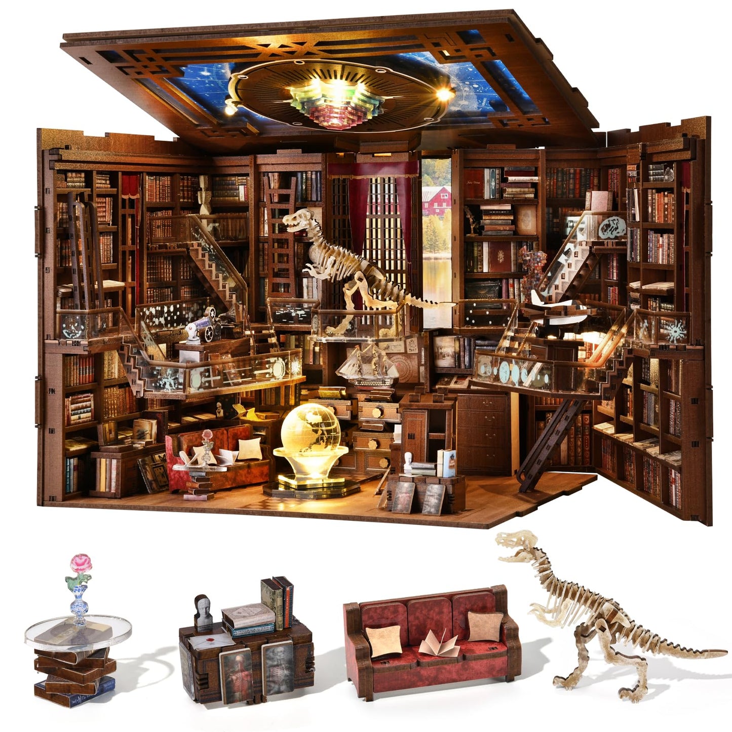 CCCDF DIY Book Nook Kit, Miniature Dollhouse Booknook Kit, 3D Wooden Puzzle Bookend Bookshelf Insert Decor with LED Light for Teens and Adults (Beyond Library Max)