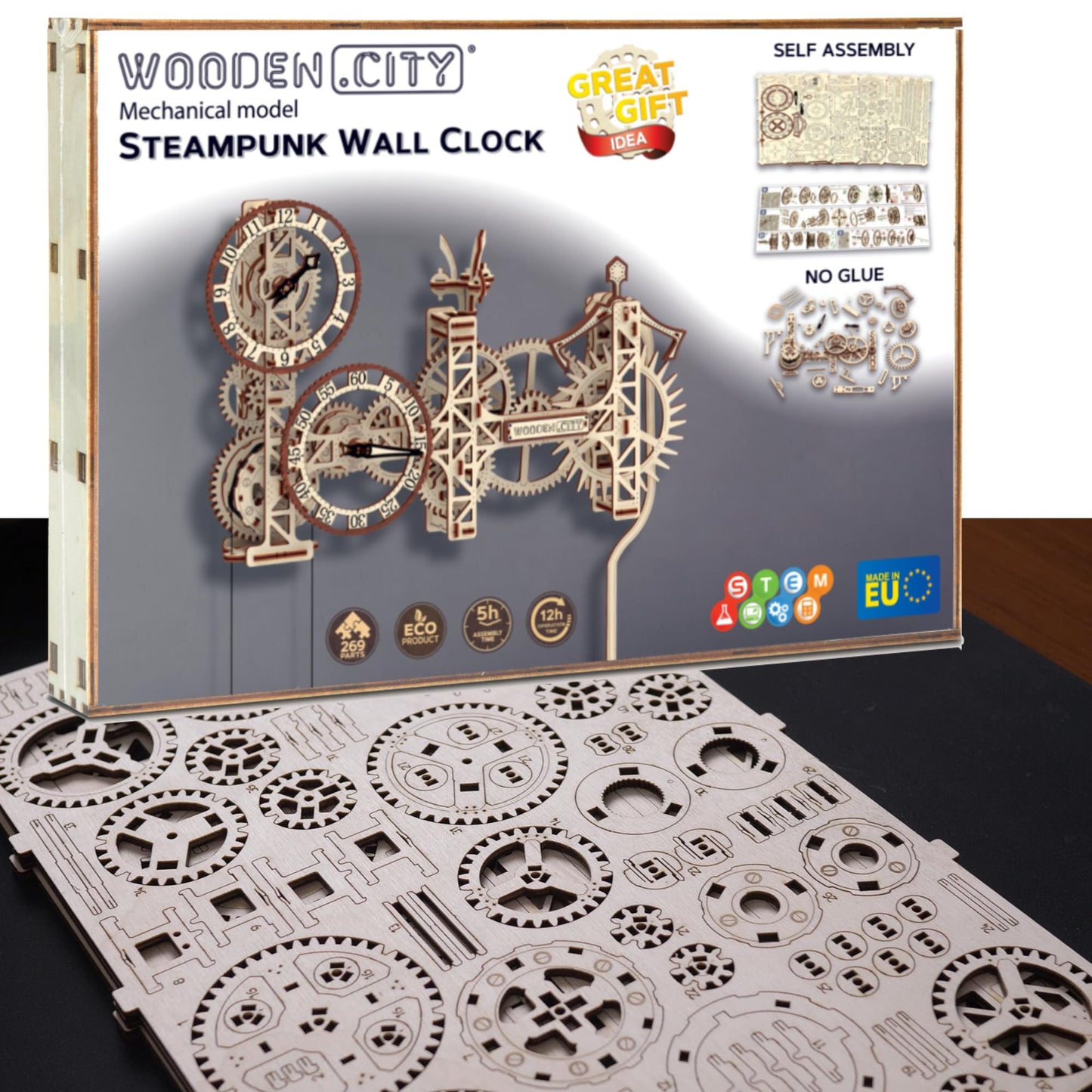WOODEN.CITY Steampunk Wall Clock Kit – 3D Wooden Puzzle for Adults, Mechanical DIY Clock Model, Working Wall Art (257 Pieces) Made in EU