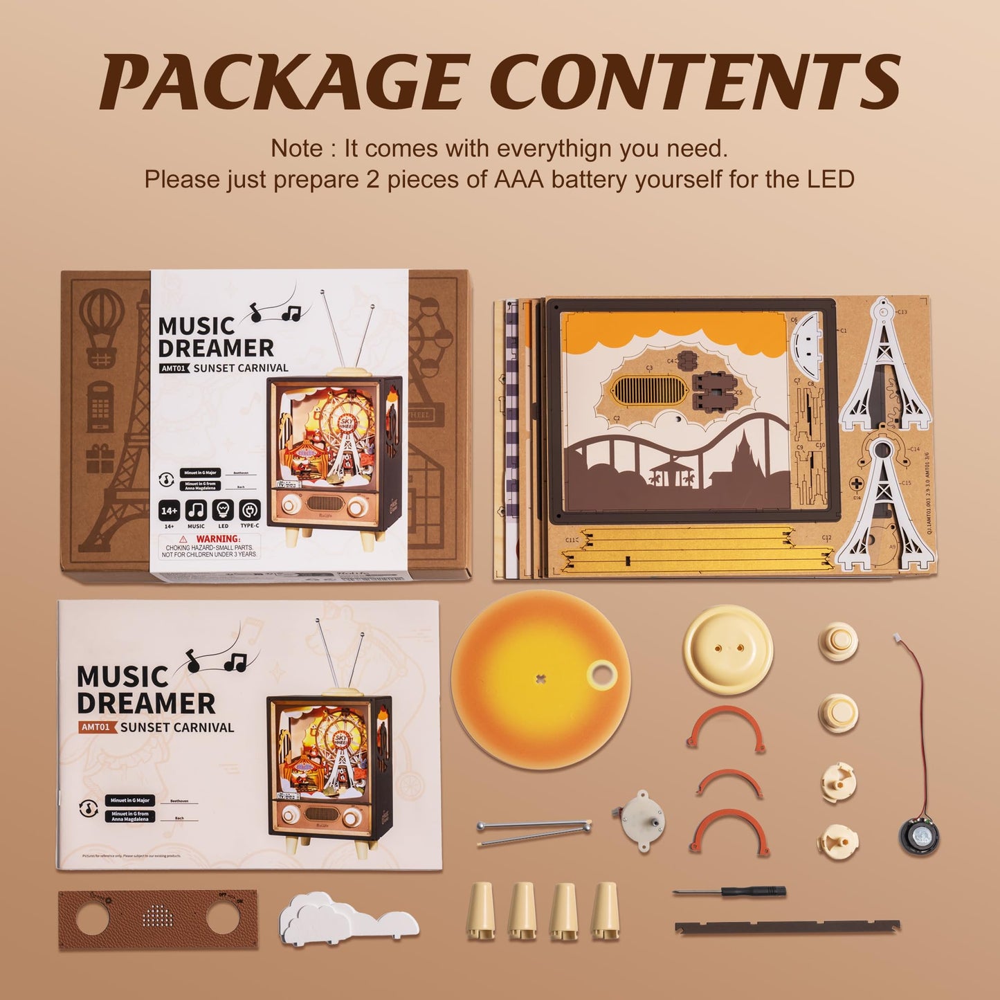 ROBOTIME Wooden Music Box 3D Wooden Puzzles for Adults Ferris Wheel Music Box Model Building Set DIY Book Nook Kit for Hobby Personalized Crafts Gift (Sunset Carnival)