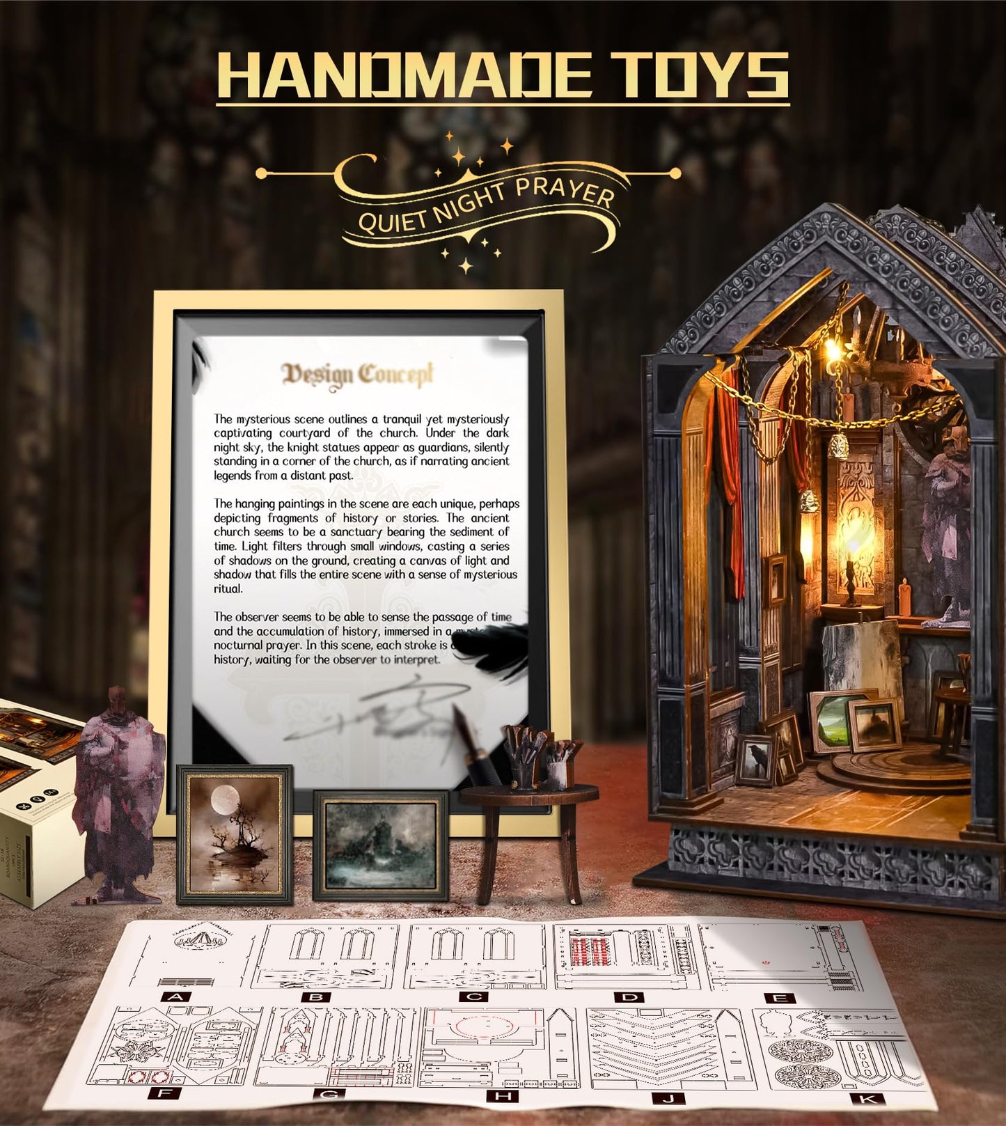 Spilay DIY Book Nook Kit, DIY Dollhouse Booknook Bookshelf Insert Decor Alley, Bookends Model Build-Creativity Kit with & LED for Teens and Adults Gifts (Quiet Night Prayer with LED)