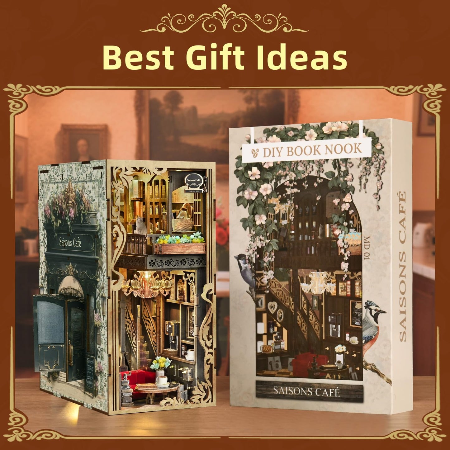 CCCDF Book Nook Kit - DIY Miniature House Coffee Shop Dollhouse Kit for Adults and Teens, 3D Wooden Puzzle Booknook Tiny House Bookshelf Decor, Gifts for Family, Friends (Saison Café)