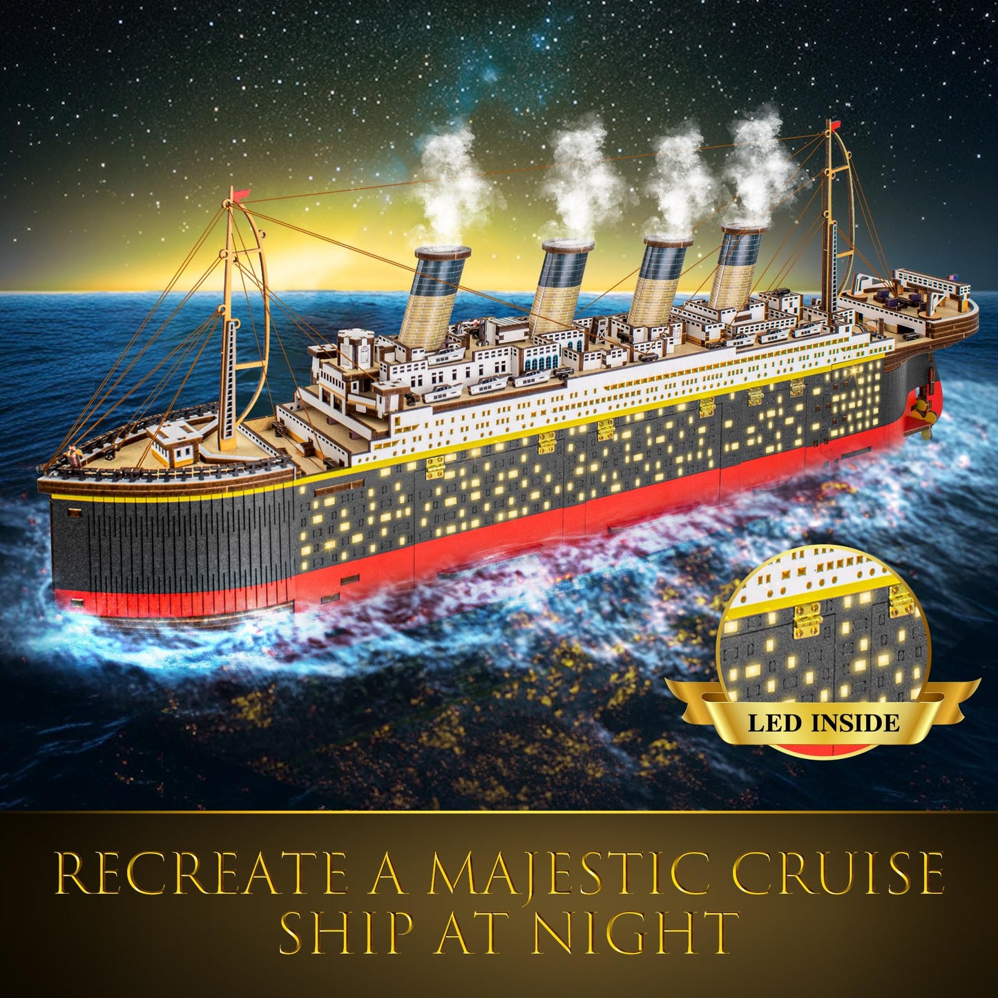 Titanic 3D Wooden Puzzles for Adult with LED Light, Home Decoration Titanic Model Kits for Adults, Sailboat Hobbies for Men, Christmas Birthday DIY Miniature Kit Gift for Adults Teens